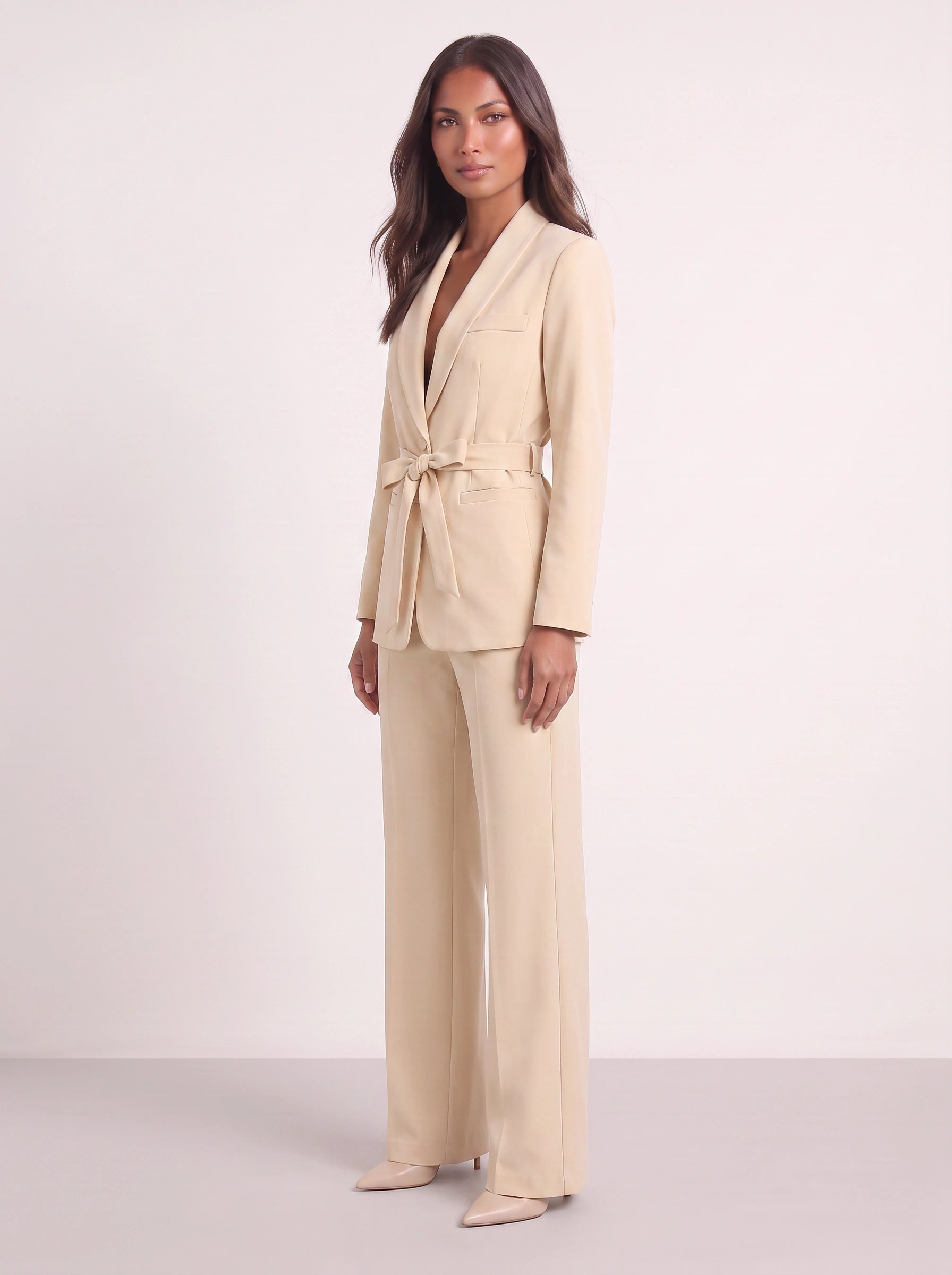 Criema Belted Longline Blazer Wide-Leg Trouser Set – Women Two Piece Sets Ladies Pant Suits Formal Summer Wedding Guest Tailored Co-Ord