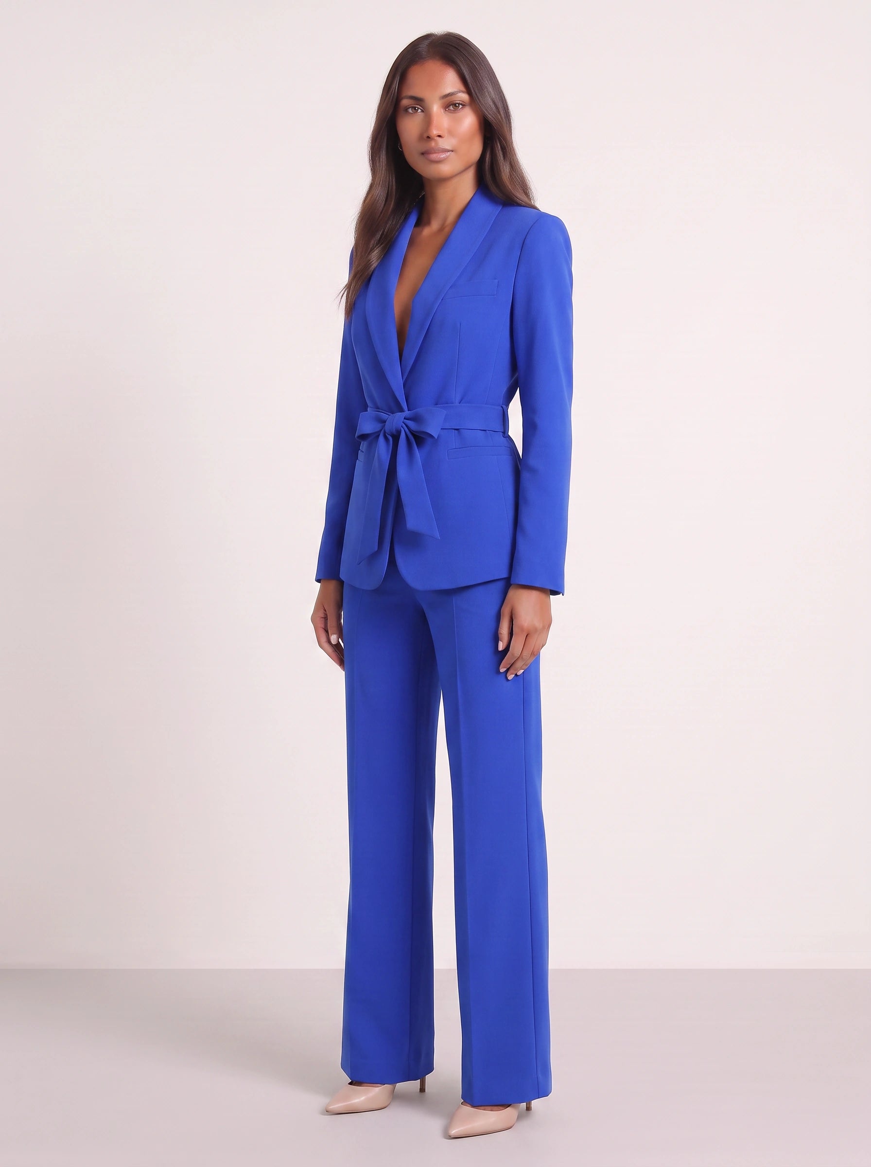 Criema Belted Longline Blazer Wide-Leg Trouser Set – Women Two Piece Sets Ladies Pant Suits Formal Summer Wedding Guest Tailored Co-Ord