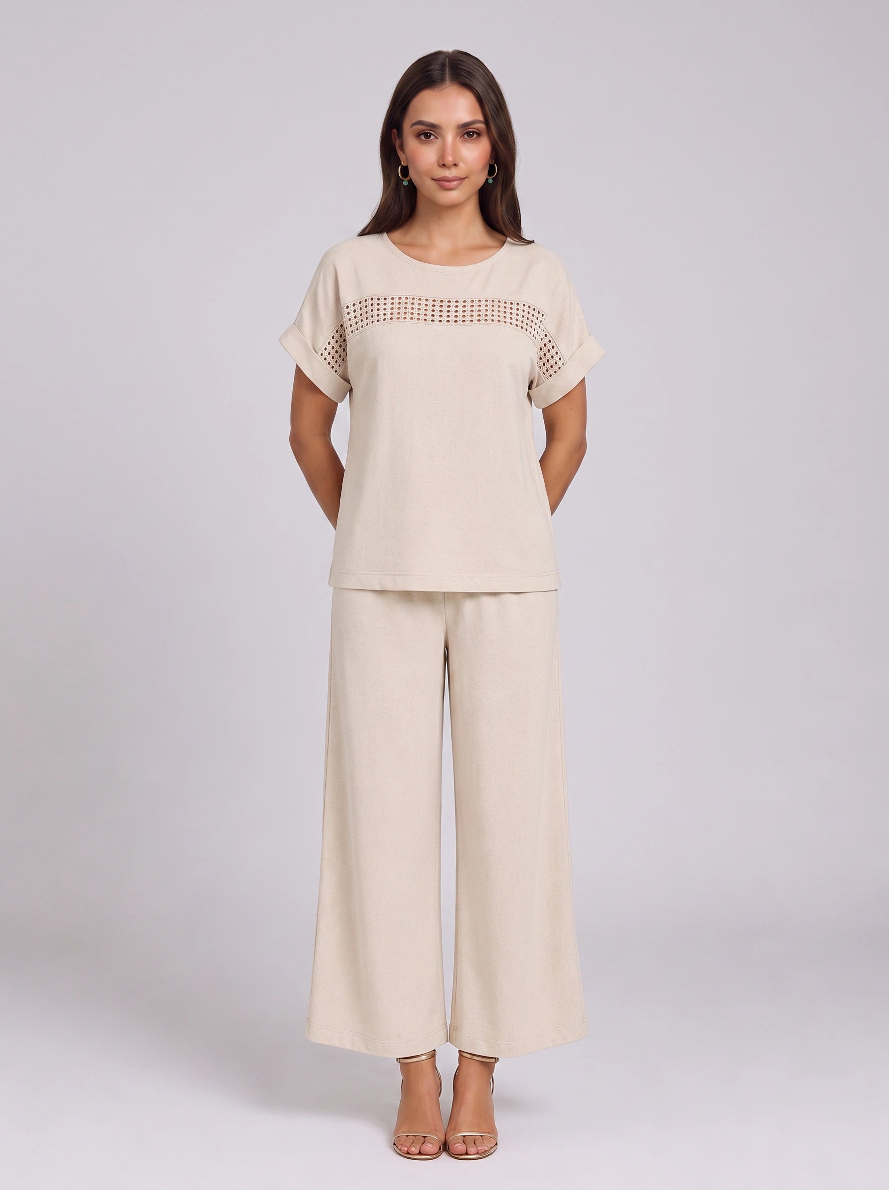 Tressina Crochet Panel Wide-Leg Co-Ord Set – Two Piece Lounge Women Casual Summer Vacation Knit Top Trouser Set