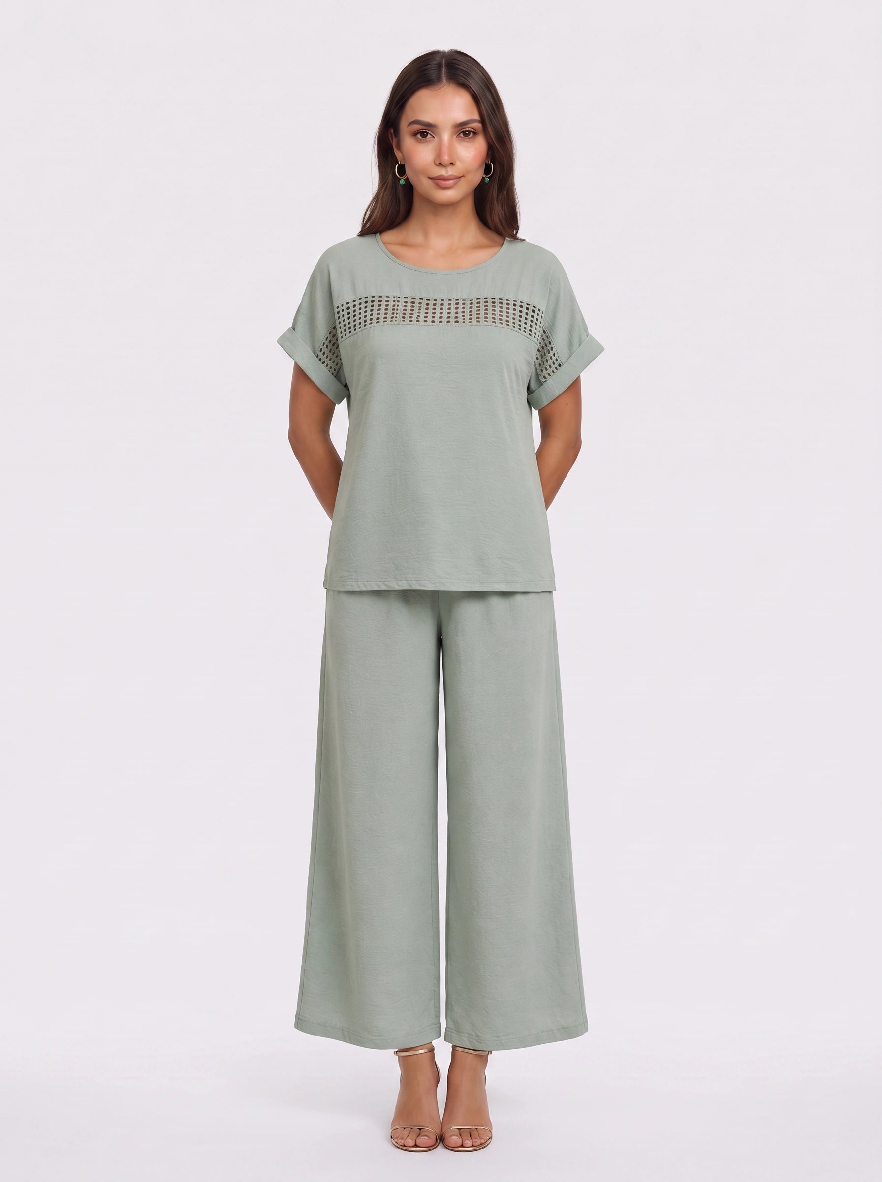 Tressina Crochet Panel Wide-Leg Co-Ord Set – Two Piece Lounge Women Casual Summer Vacation Knit Top Trouser Set