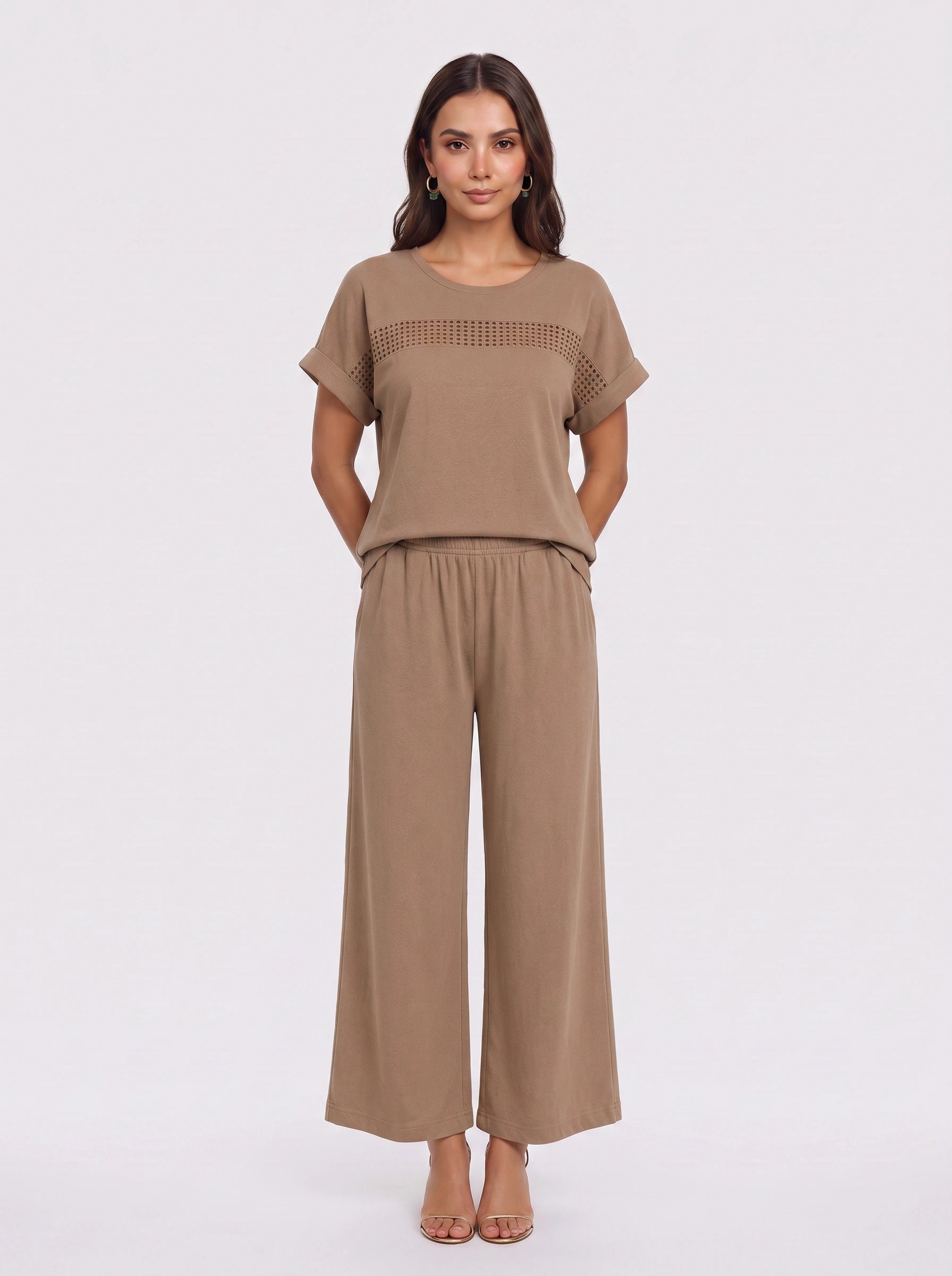 Tressina Crochet Panel Wide-Leg Co-Ord Set – Two Piece Lounge Women Casual Summer Vacation Knit Top Trouser Set