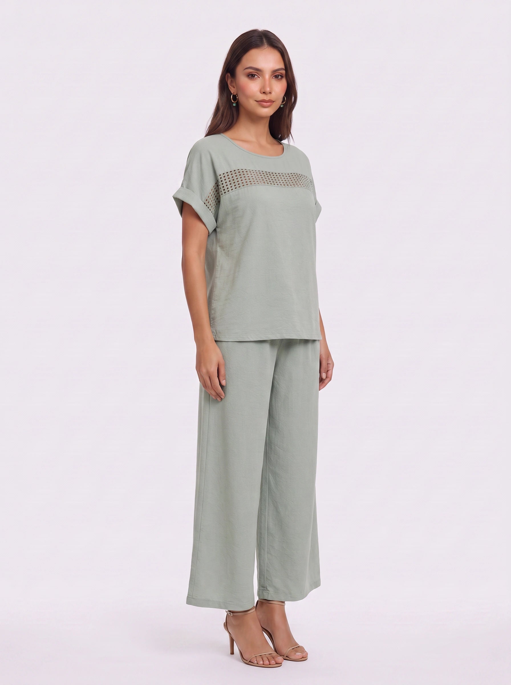 Tressina Crochet Panel Wide-Leg Co-Ord Set – Two Piece Lounge Women Casual Summer Vacation Knit Top Trouser Set