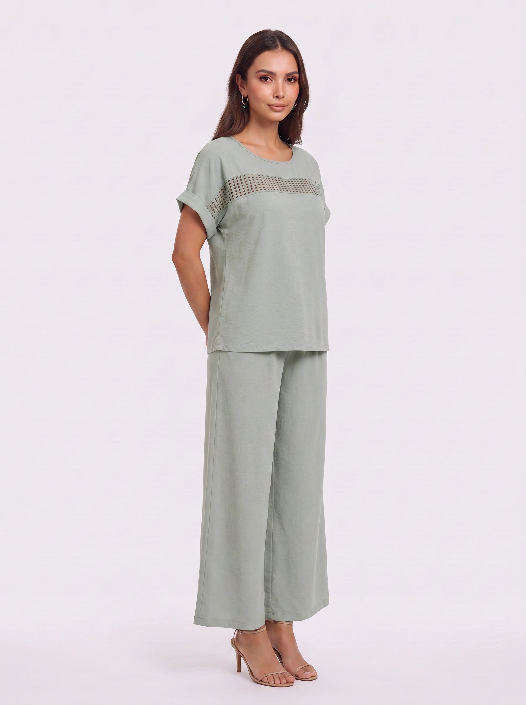 Tressina Crochet Panel Wide-Leg Co-Ord Set – Two Piece Lounge Women Casual Summer Vacation Knit Top Trouser Set