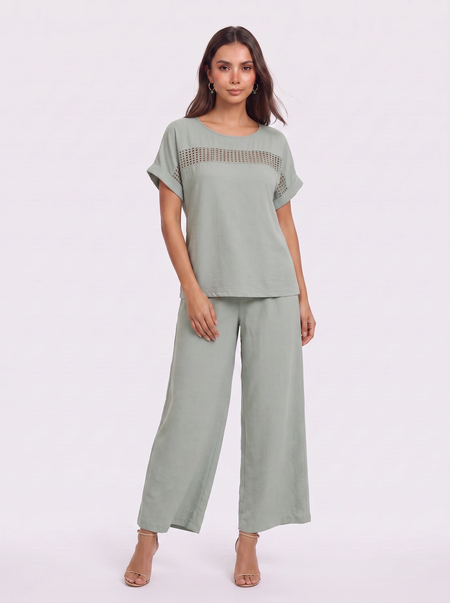 Tressina Crochet Panel Wide-Leg Co-Ord Set – Two Piece Lounge Women Casual Summer Vacation Knit Top Trouser Set