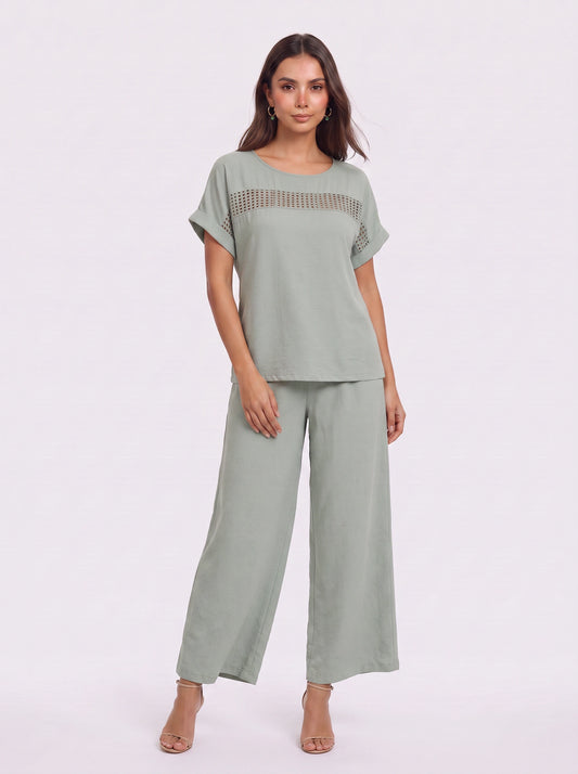 Tressina Crochet Panel Wide-Leg Co-Ord Set – Two Piece Lounge Women Casual Summer Vacation Knit Top Trouser Set