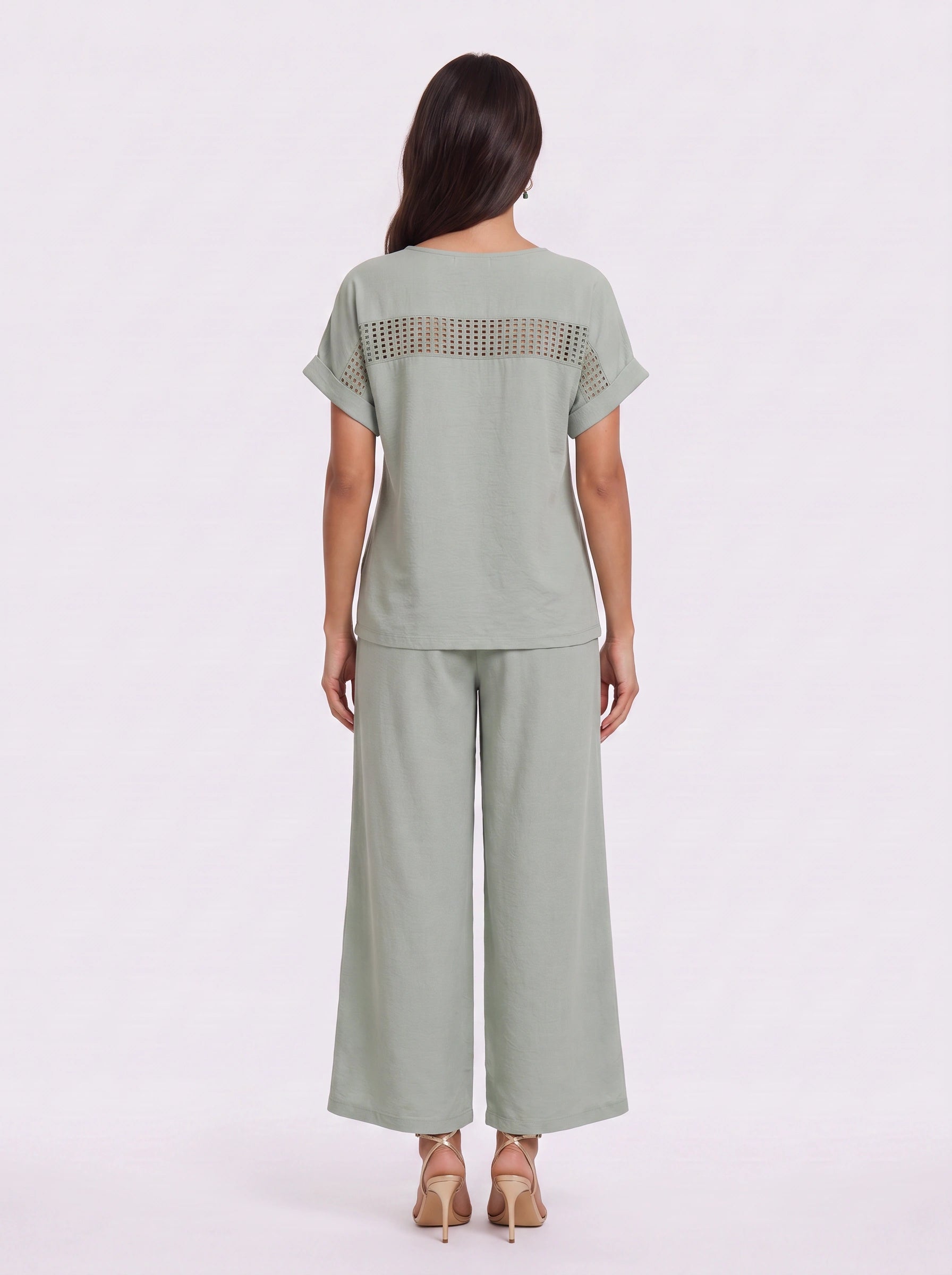 Tressina Crochet Panel Wide-Leg Co-Ord Set – Two Piece Lounge Women Casual Summer Vacation Knit Top Trouser Set