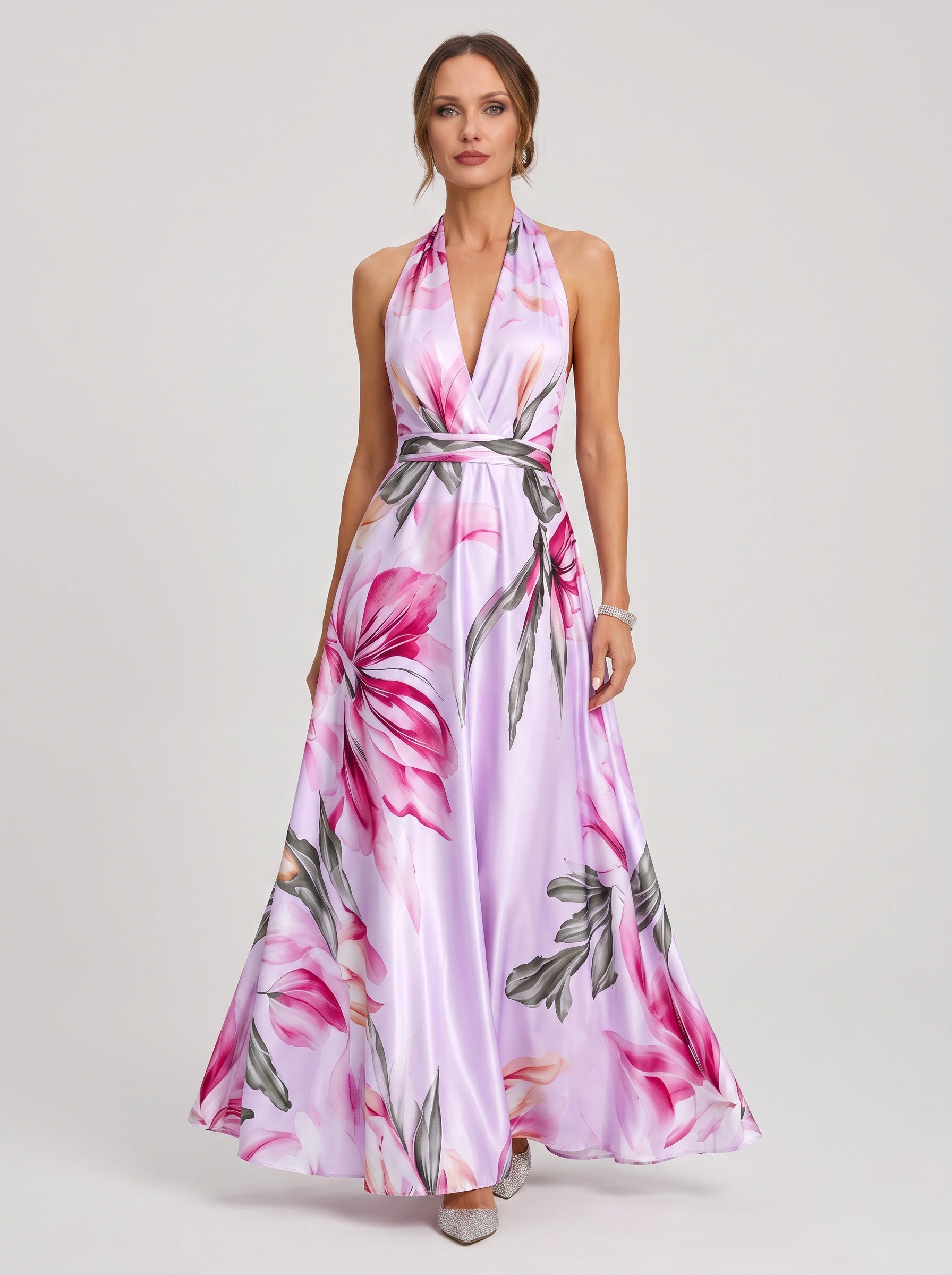 Tropique Halter Wrap Maxi Dress – Floral Print Women Summer Wedding Guest Vacation Beach Maxi Dress