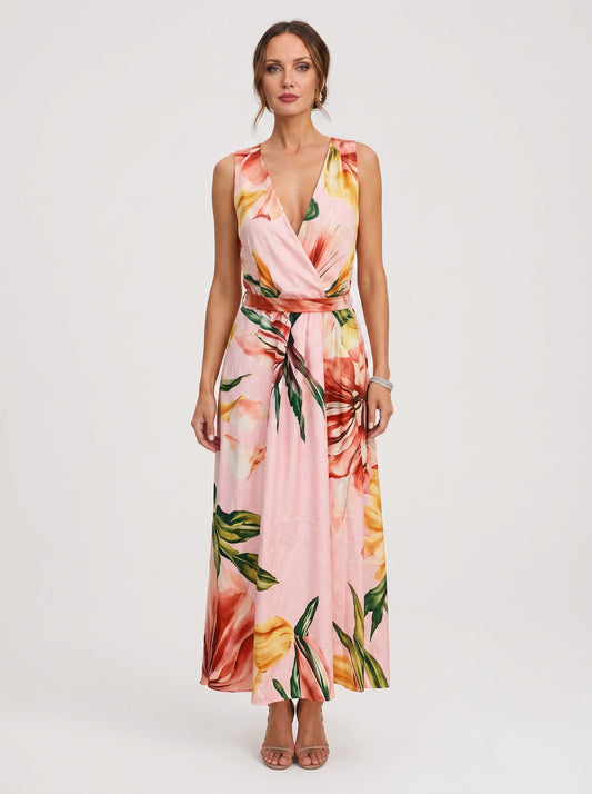 Tropique Halter Wrap Maxi Dress – Floral Print Women Summer Wedding Guest Vacation Beach Maxi Dress