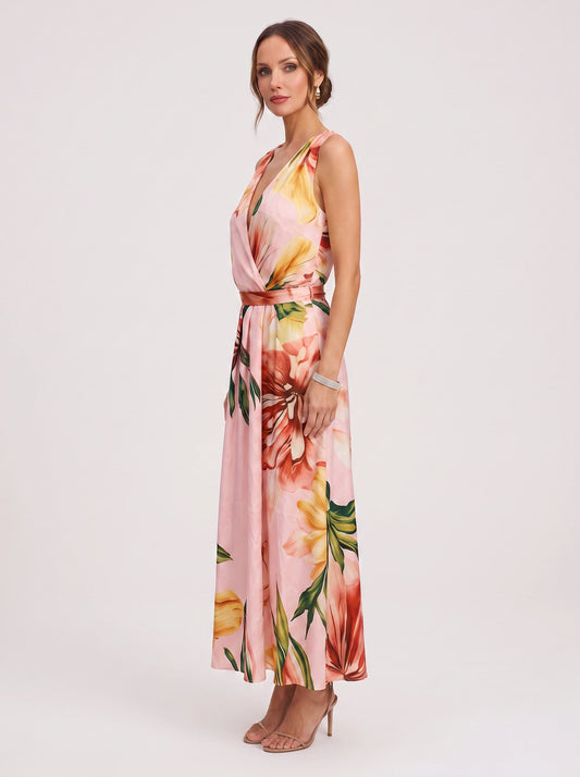 Tropique Halter Wrap Maxi Dress – Floral Print Women Summer Wedding Guest Vacation Beach Maxi Dress