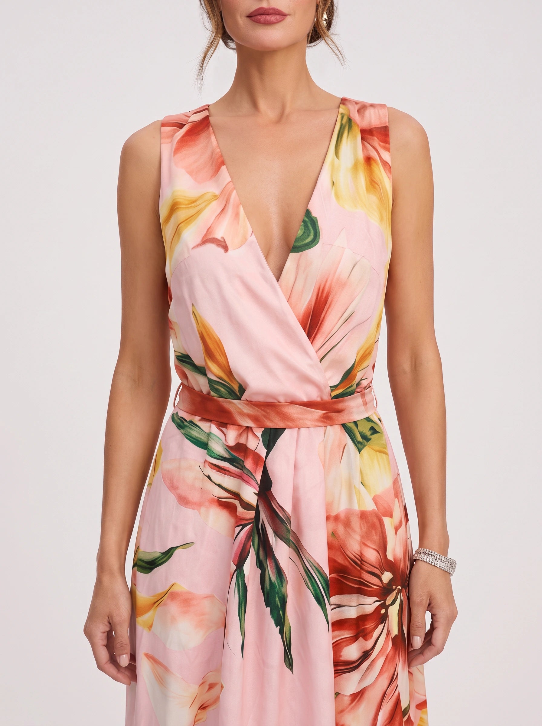 Tropique Halter Wrap Maxi Dress – Floral Print Women Summer Wedding Guest Vacation Beach Maxi Dress