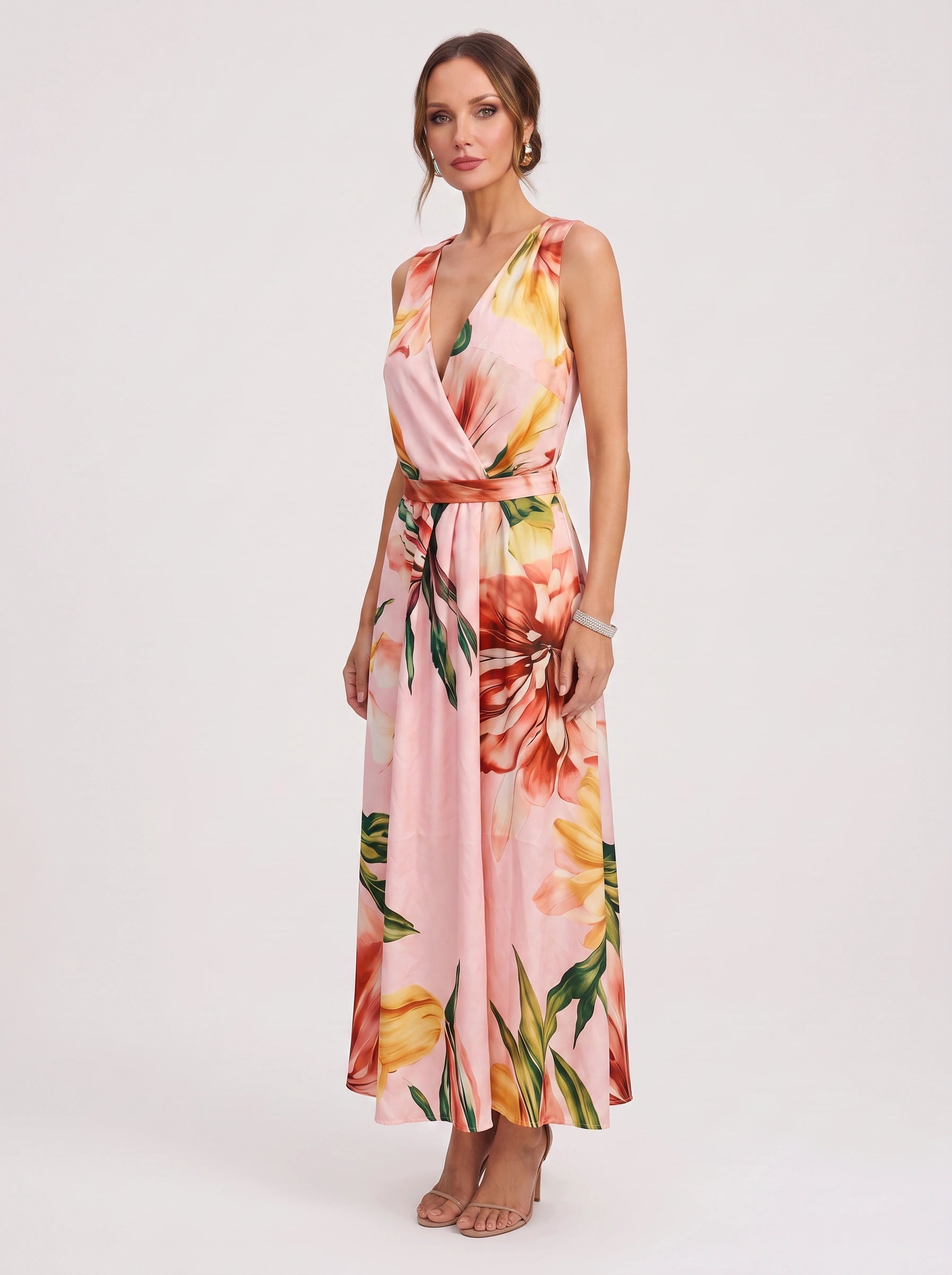 Tropique Halter Wrap Maxi Dress – Floral Print Women Summer Wedding Guest Vacation Beach Maxi Dress