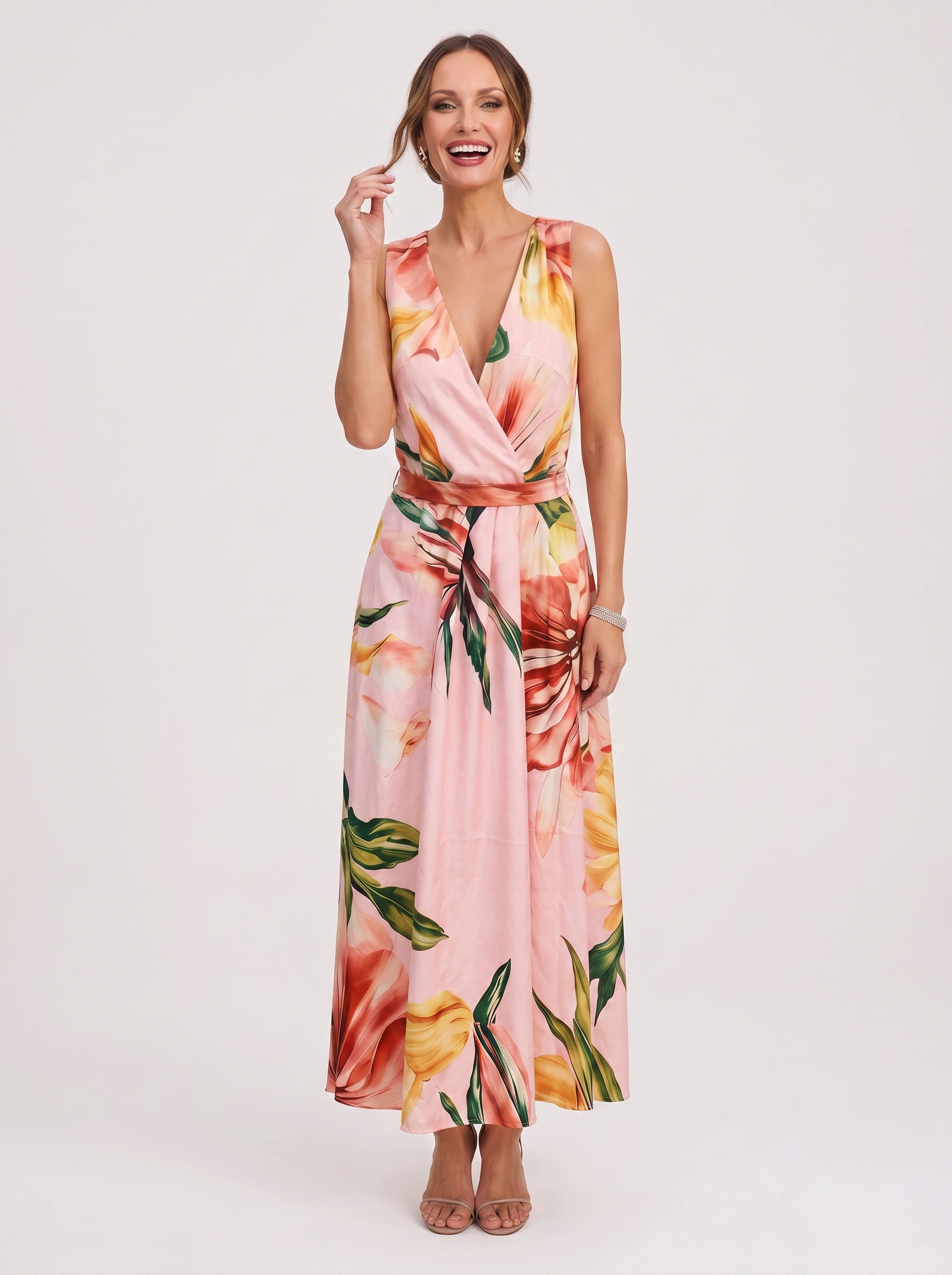 Tropique Halter Wrap Maxi Dress – Floral Print Women Summer Wedding Guest Vacation Beach Maxi Dress