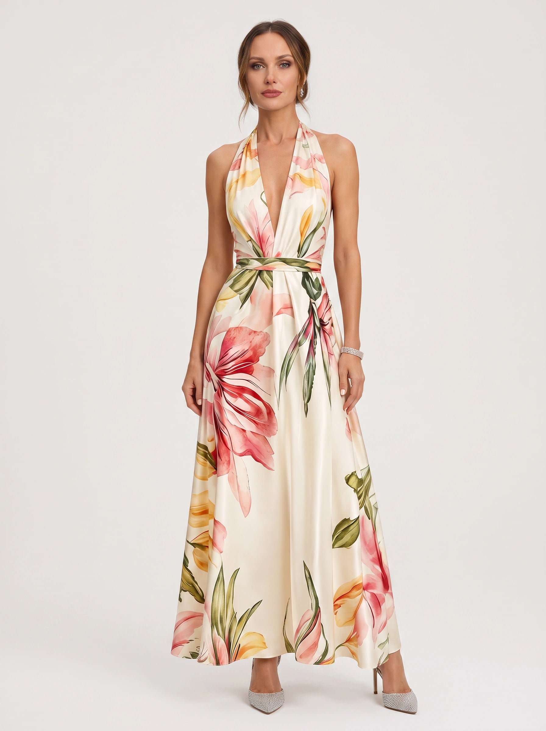 Tropique Halter Wrap Maxi Dress – Floral Print Women Summer Wedding Guest Vacation Beach Maxi Dress