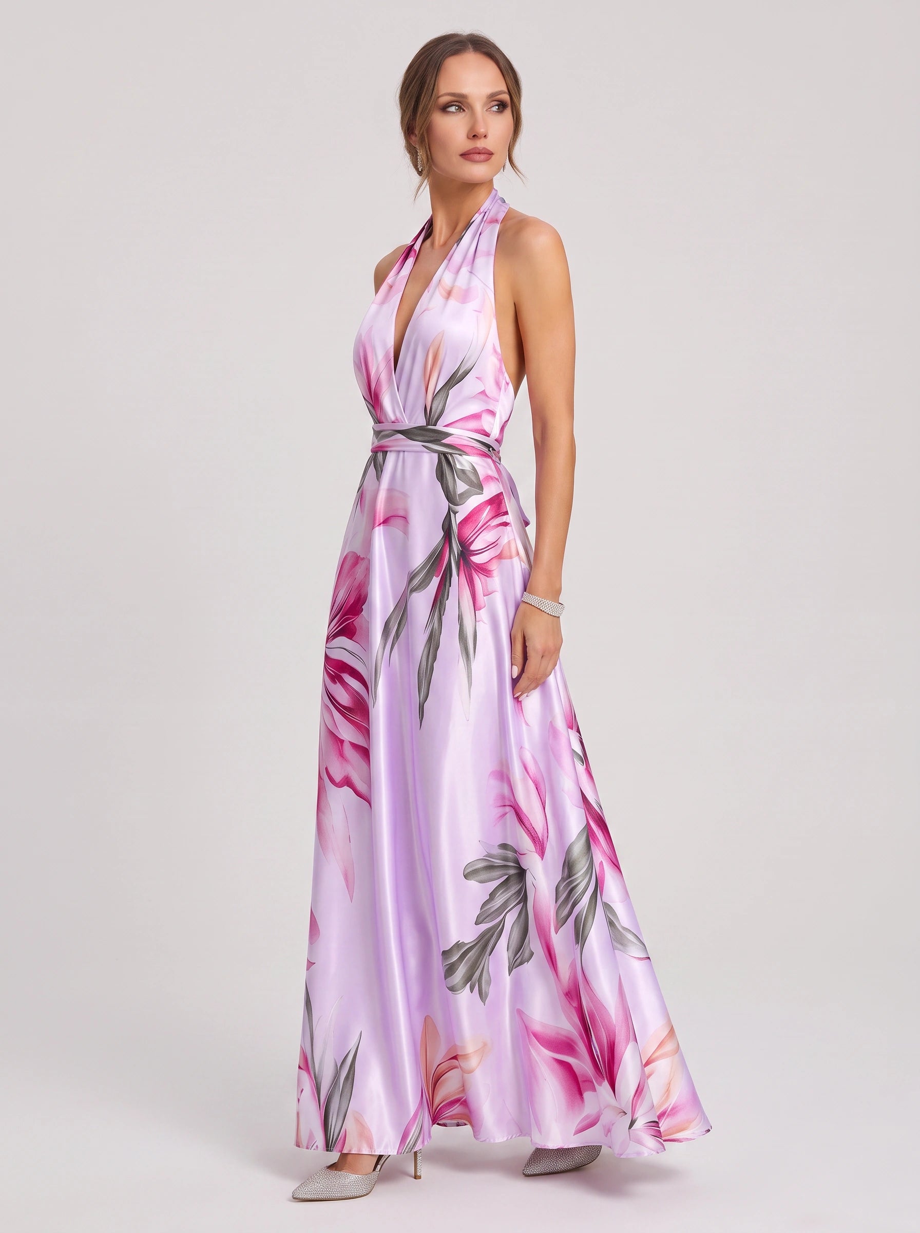 Tropique Halter Wrap Maxi Dress – Floral Print Women Summer Wedding Guest Vacation Beach Maxi Dress