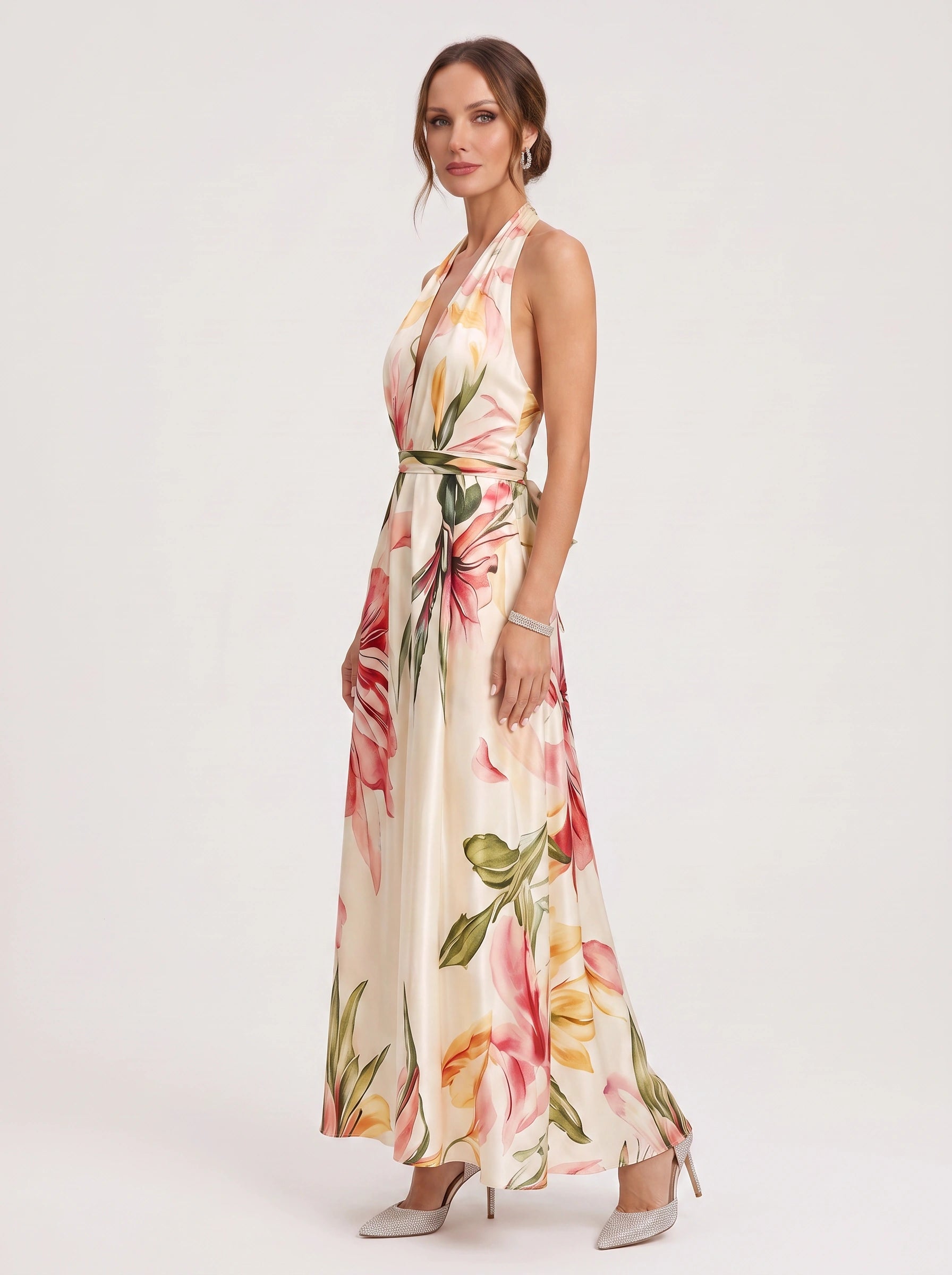 Tropique Halter Wrap Maxi Dress – Floral Print Women Summer Wedding Guest Vacation Beach Maxi Dress