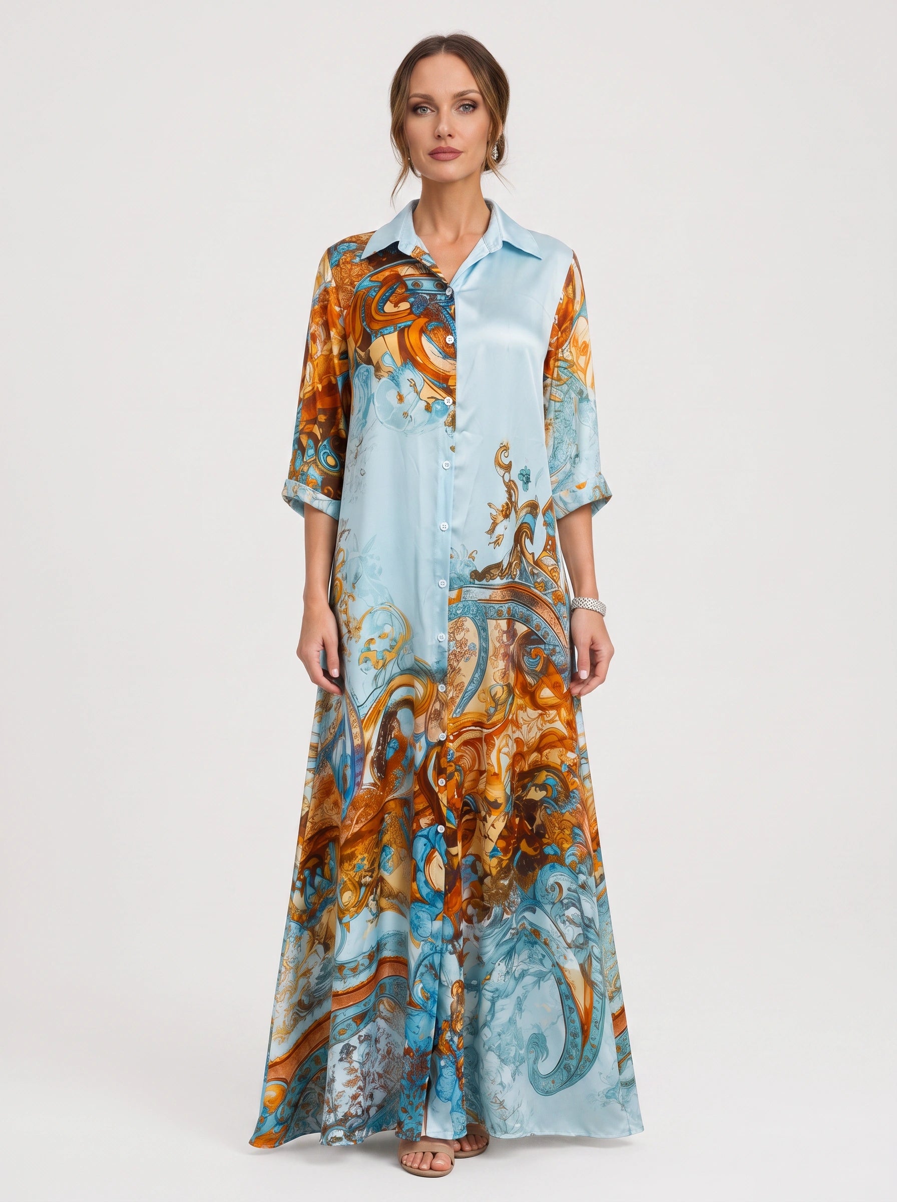 Paisora Printed Shirt Maxi Dress – Floral Maxi Dress Women Wedding Guest Button Front Long Sleeve Sundress