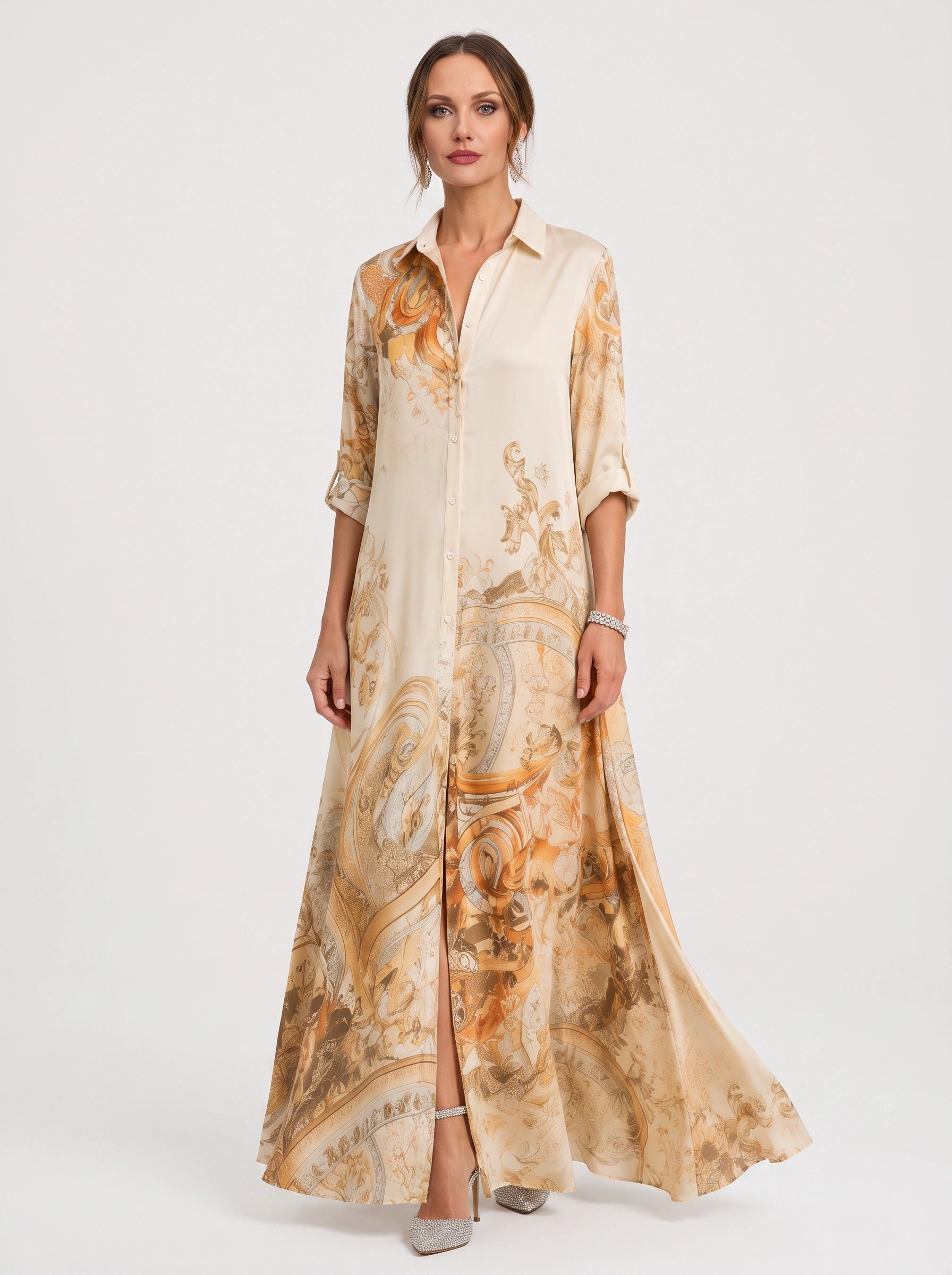 Paisora Printed Shirt Maxi Dress – Floral Maxi Dress Women Wedding Guest Button Front Long Sleeve Sundress