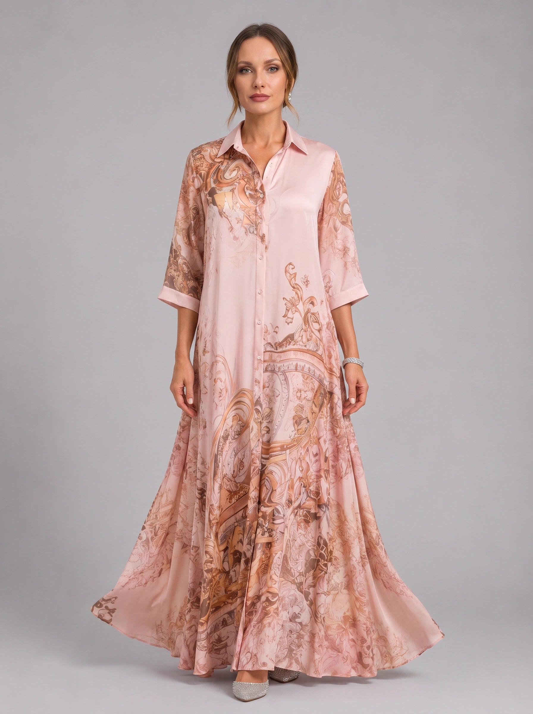 Paisora Printed Shirt Maxi Dress – Floral Maxi Dress Women Wedding Guest Button Front Long Sleeve Sundress