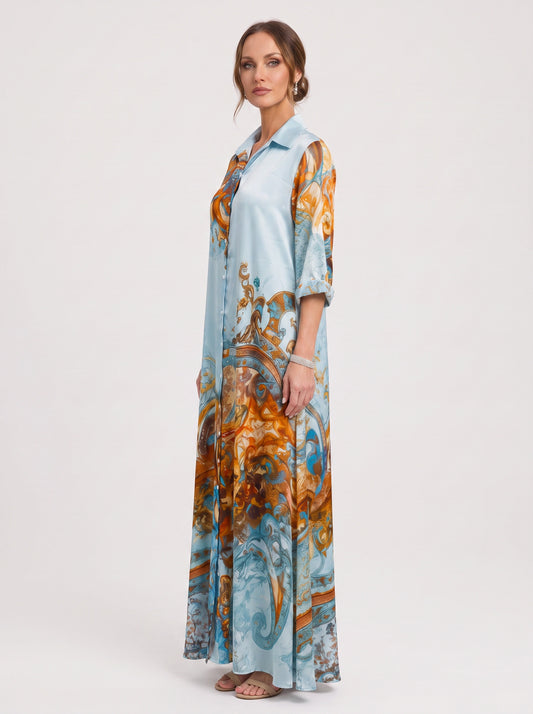 Paisora Printed Shirt Maxi Dress – Floral Maxi Dress Women Wedding Guest Button Front Long Sleeve Sundress