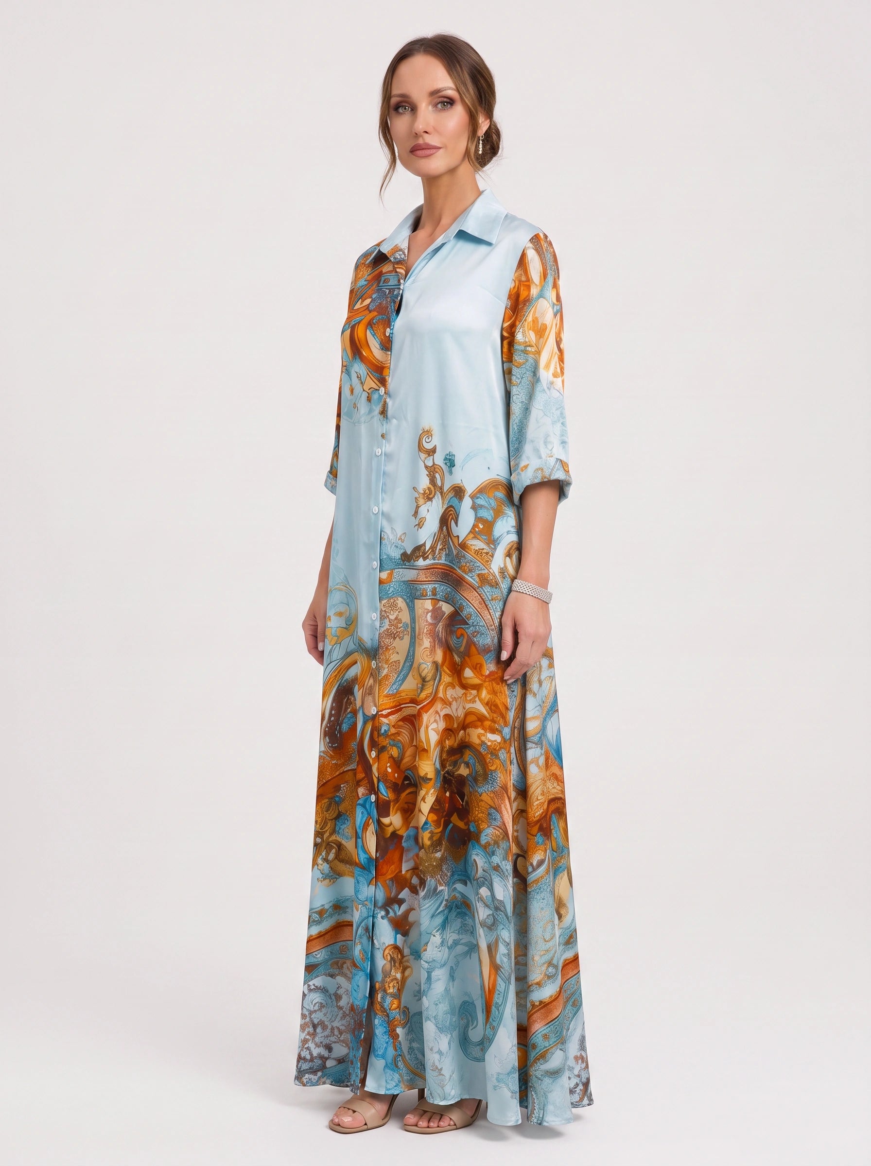 Paisora Printed Shirt Maxi Dress – Floral Maxi Dress Women Wedding Guest Button Front Long Sleeve Sundress