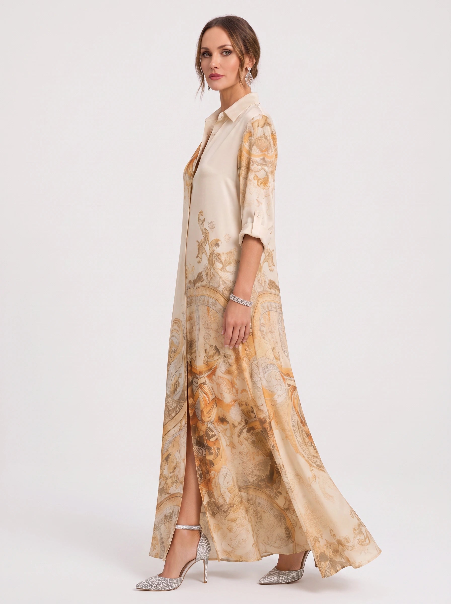 Paisora Printed Shirt Maxi Dress – Floral Maxi Dress Women Wedding Guest Button Front Long Sleeve Sundress
