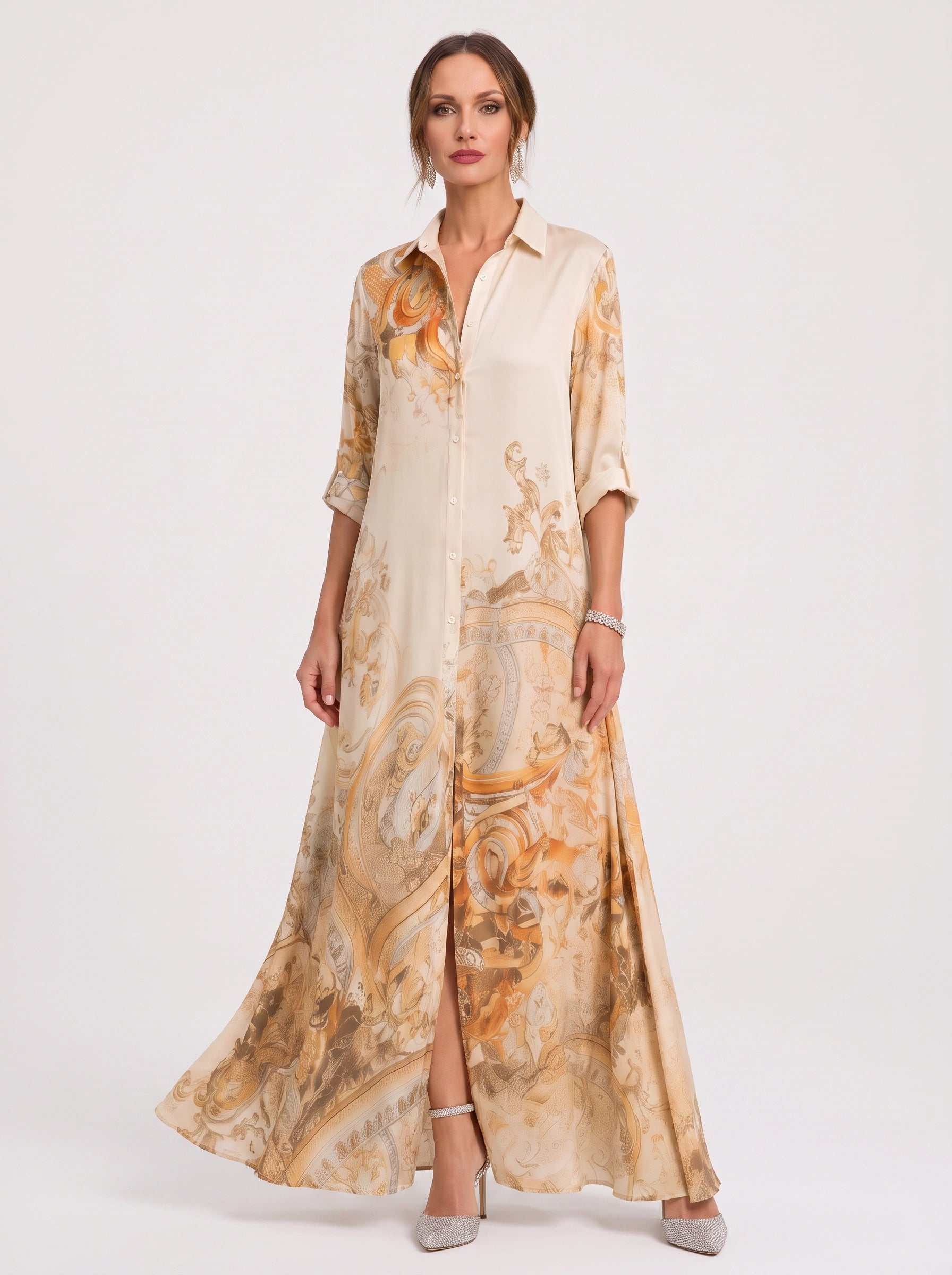Paisora Printed Shirt Maxi Dress – Floral Maxi Dress Women Wedding Guest Button Front Long Sleeve Sundress