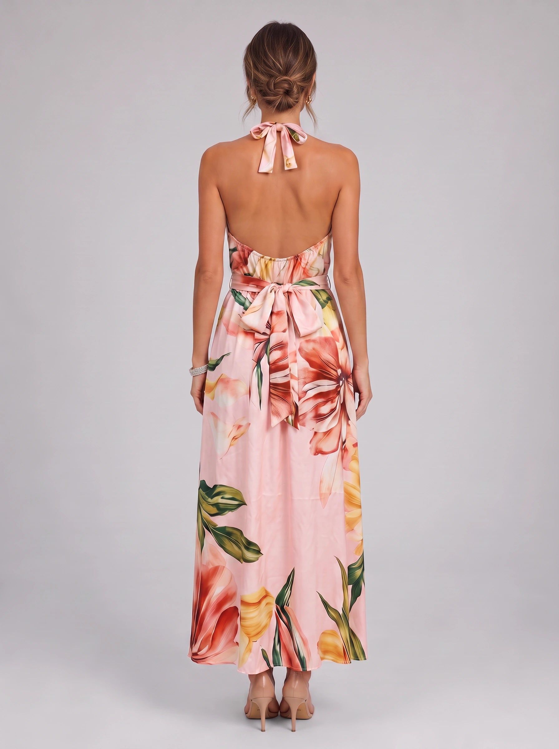 Tropique Halter Wrap Maxi Dress – Floral Print Women Summer Wedding Guest Vacation Beach Maxi Dress