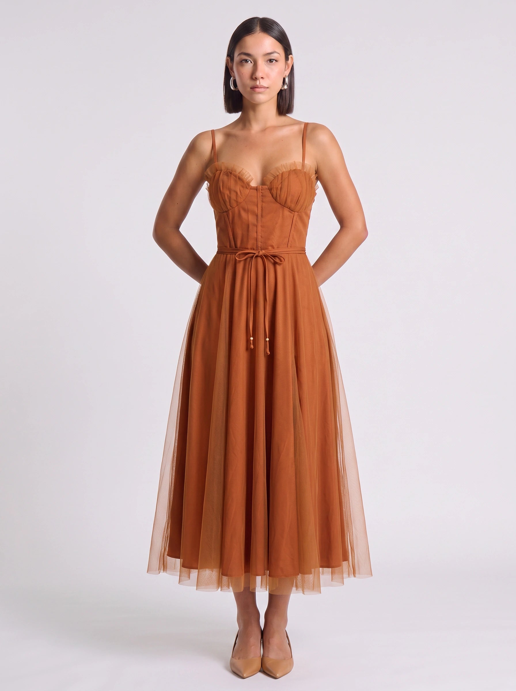 Tulliere Bustier Tulle Midi Dress – Corset Top Women Formal Wedding Guest Tie Waist Ballerina Midi Dress