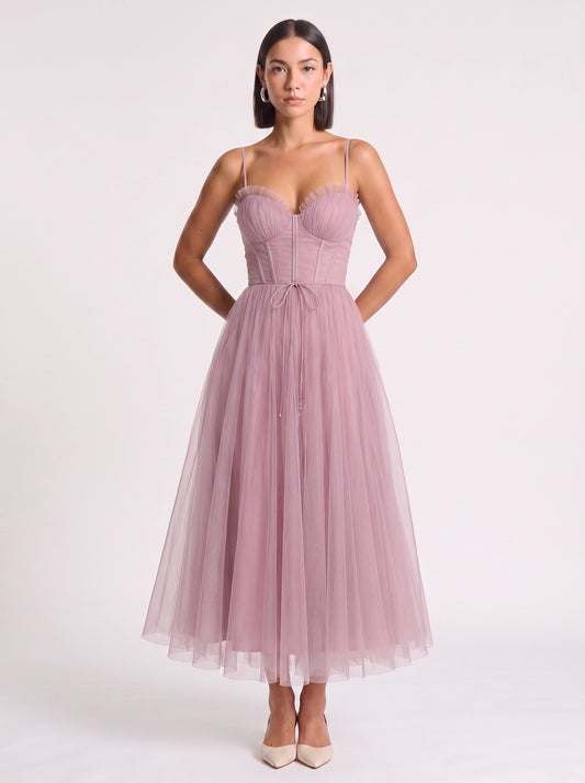 Tulliere Bustier Tulle Midi Dress – Corset Top Women Formal Wedding Guest Tie Waist Ballerina Midi Dress