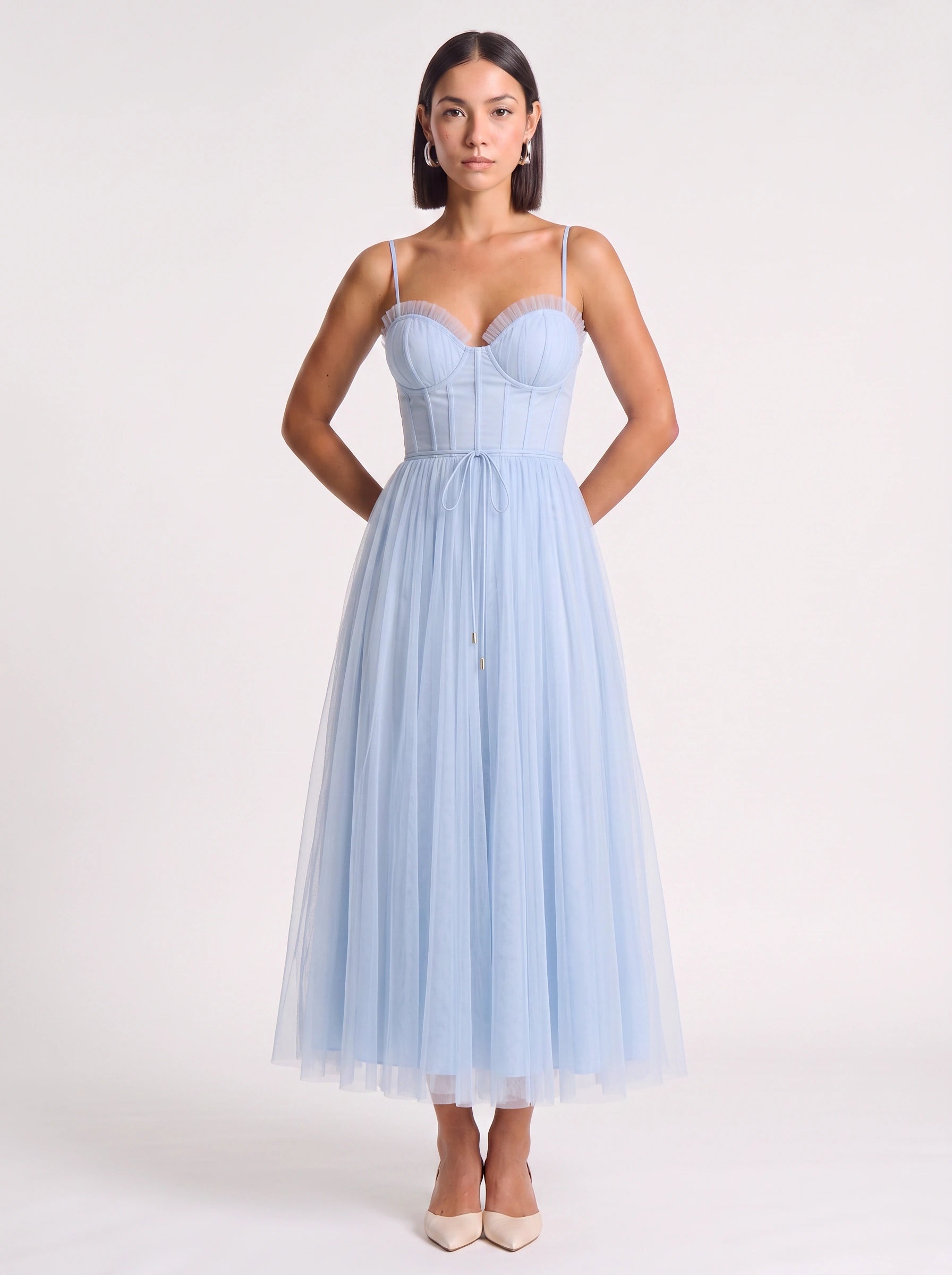 Tulliere Bustier Tulle Midi Dress – Corset Top Women Formal Wedding Guest Tie Waist Ballerina Midi Dress