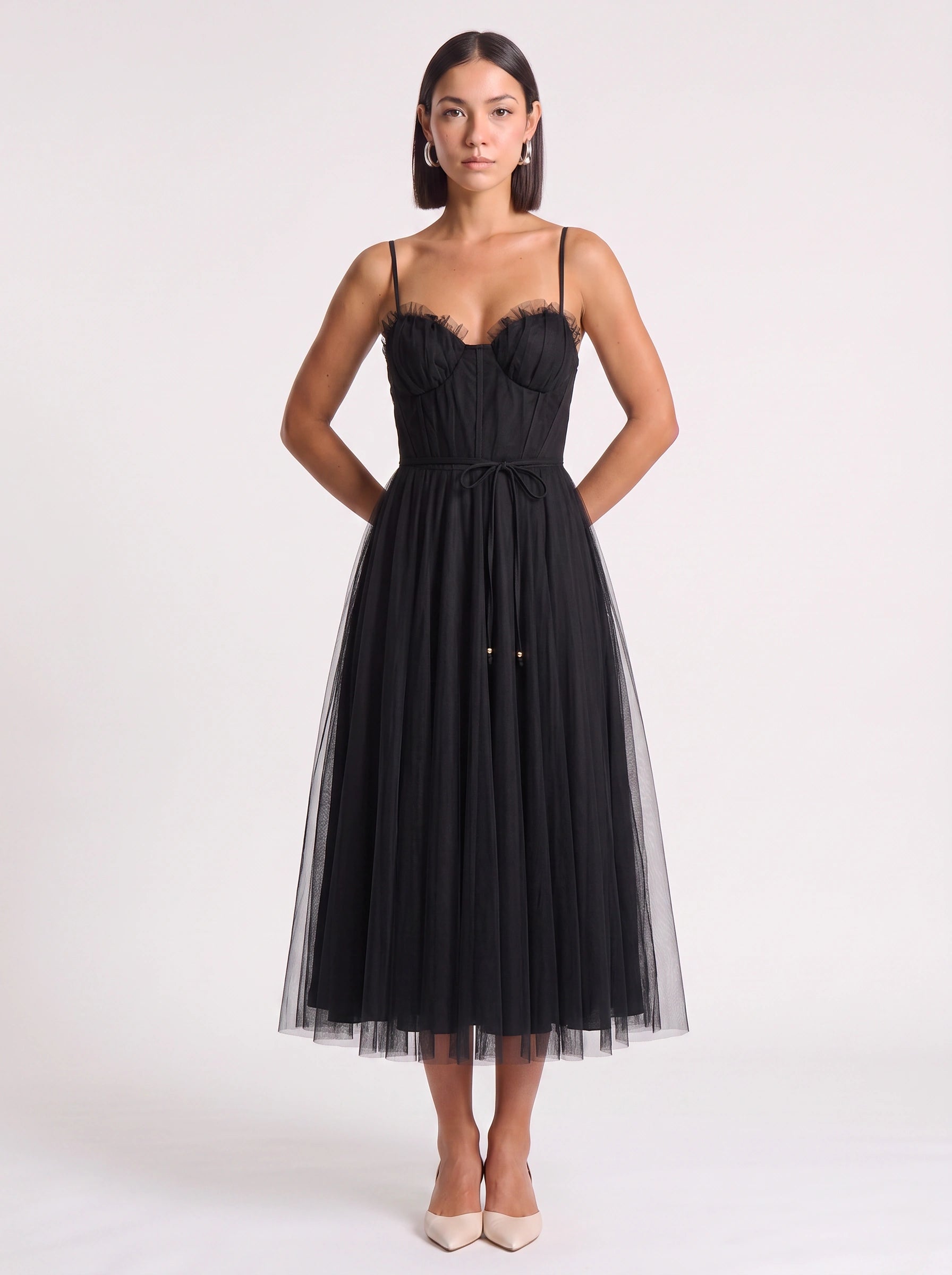 Tulliere Bustier Tulle Midi Dress – Corset Top Women Formal Wedding Guest Tie Waist Ballerina Midi Dress