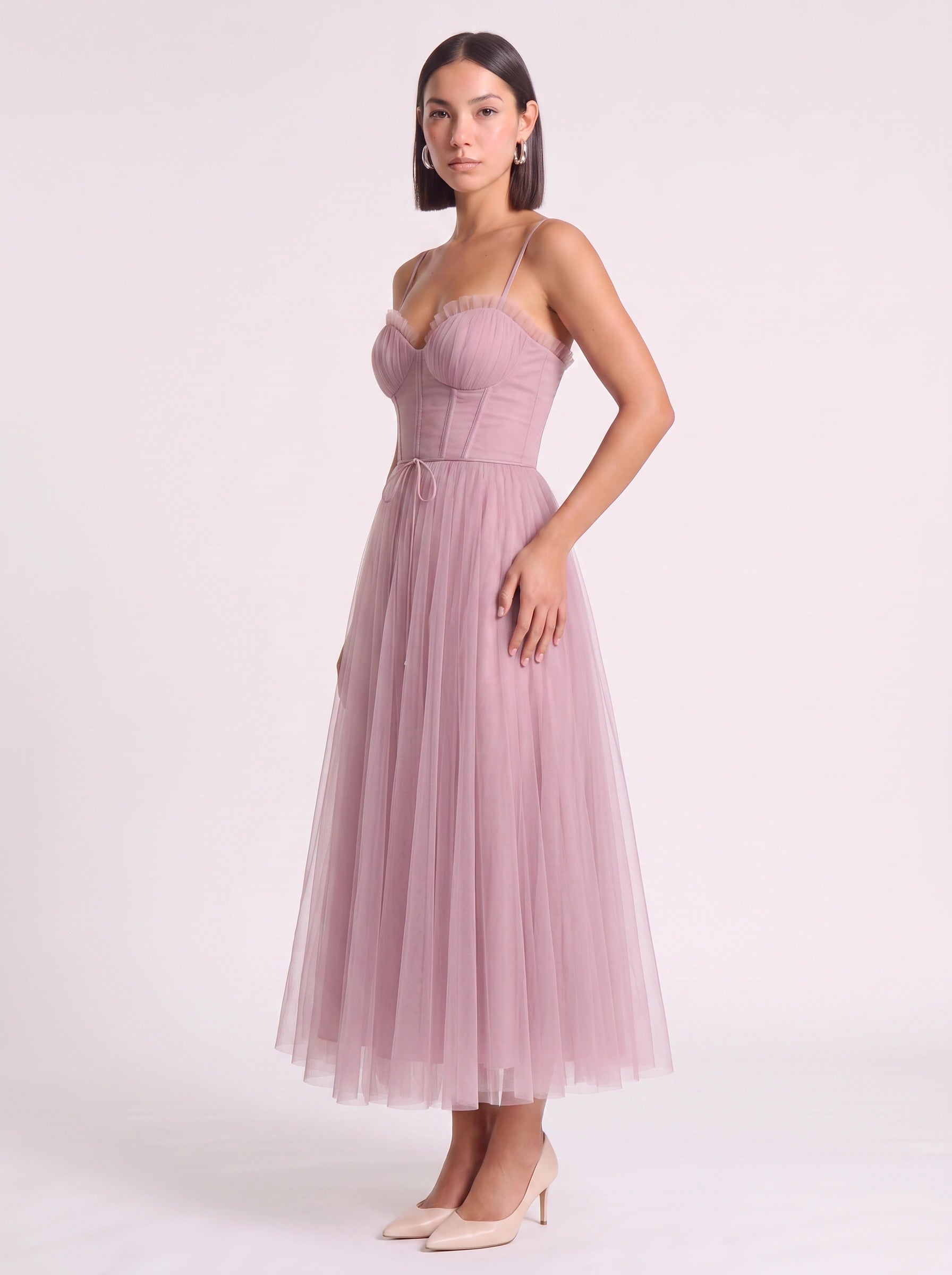 Tulliere Bustier Tulle Midi Dress – Corset Top Women Formal Wedding Guest Tie Waist Ballerina Midi Dress