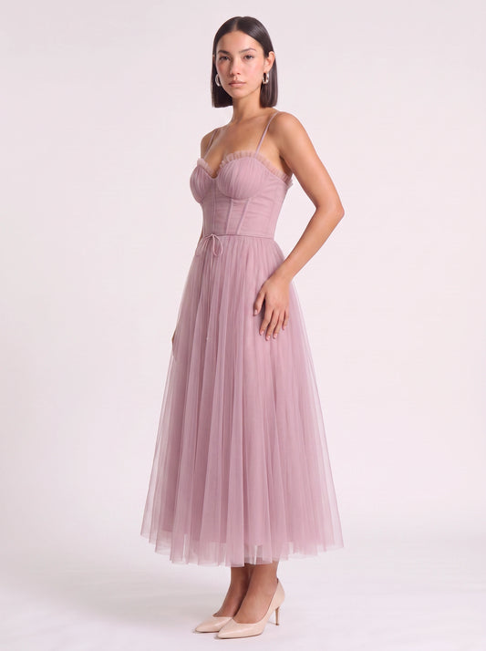 Tulliere Bustier Tulle Midi Dress – Corset Top Women Formal Wedding Guest Tie Waist Ballerina Midi Dress