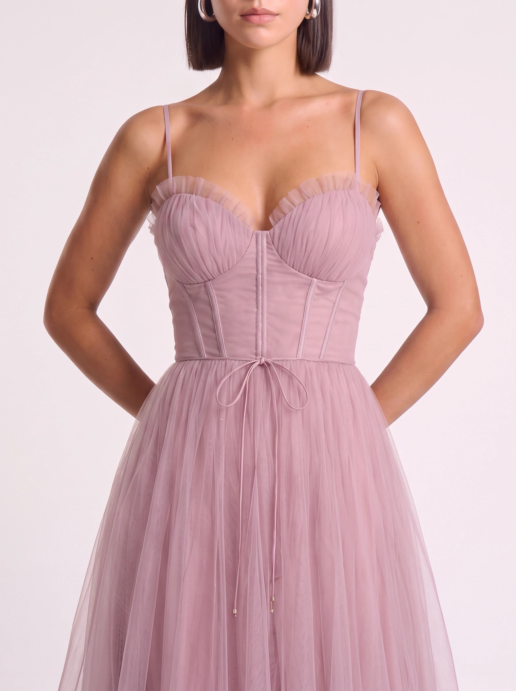 Tulliere Bustier Tulle Midi Dress – Corset Top Women Formal Wedding Guest Tie Waist Ballerina Midi Dress