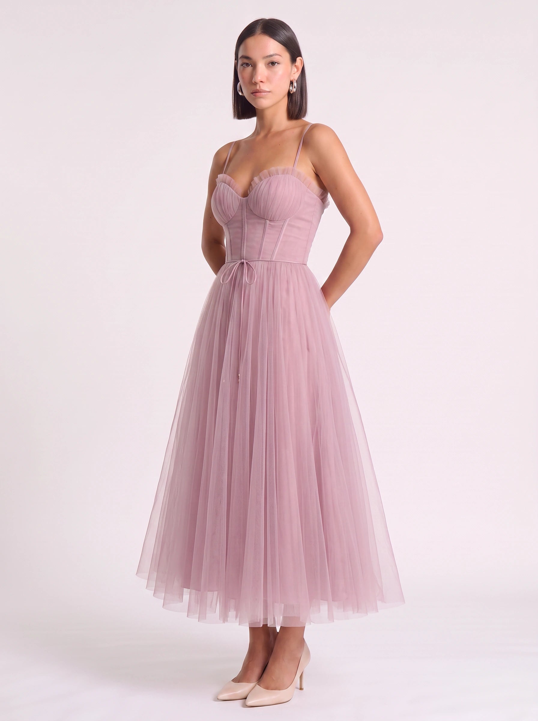 Tulliere Bustier Tulle Midi Dress – Corset Top Women Formal Wedding Guest Tie Waist Ballerina Midi Dress