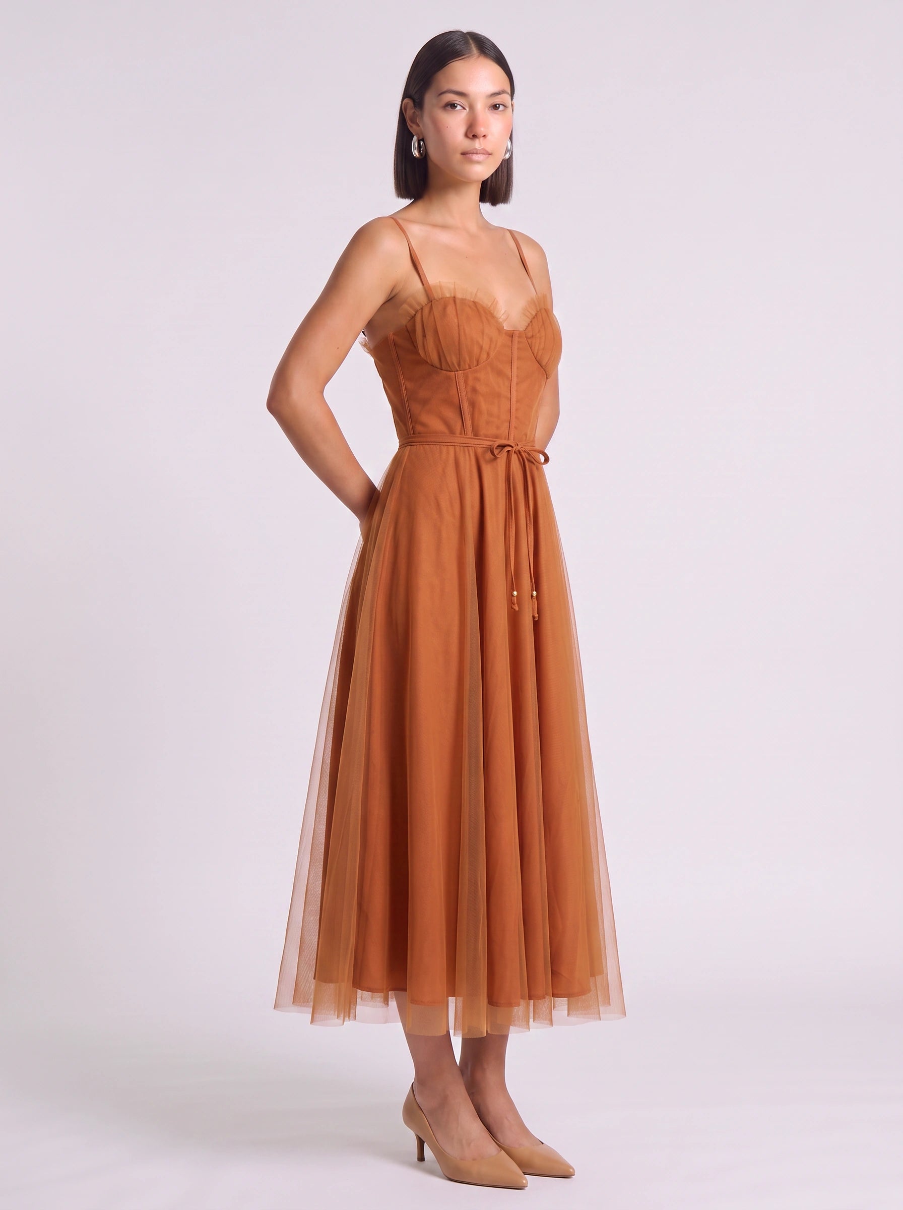Tulliere Bustier Tulle Midi Dress – Corset Top Women Formal Wedding Guest Tie Waist Ballerina Midi Dress