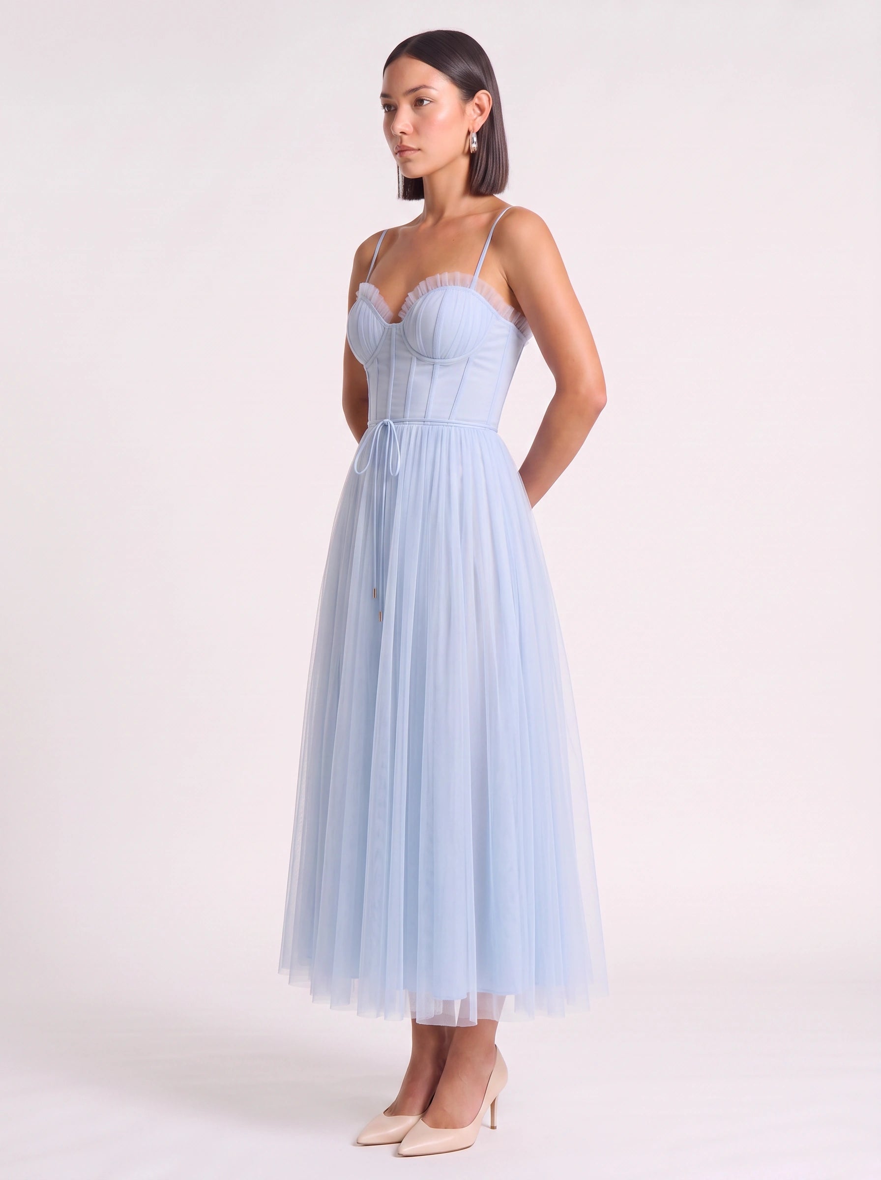 Tulliere Bustier Tulle Midi Dress – Corset Top Women Formal Wedding Guest Tie Waist Ballerina Midi Dress
