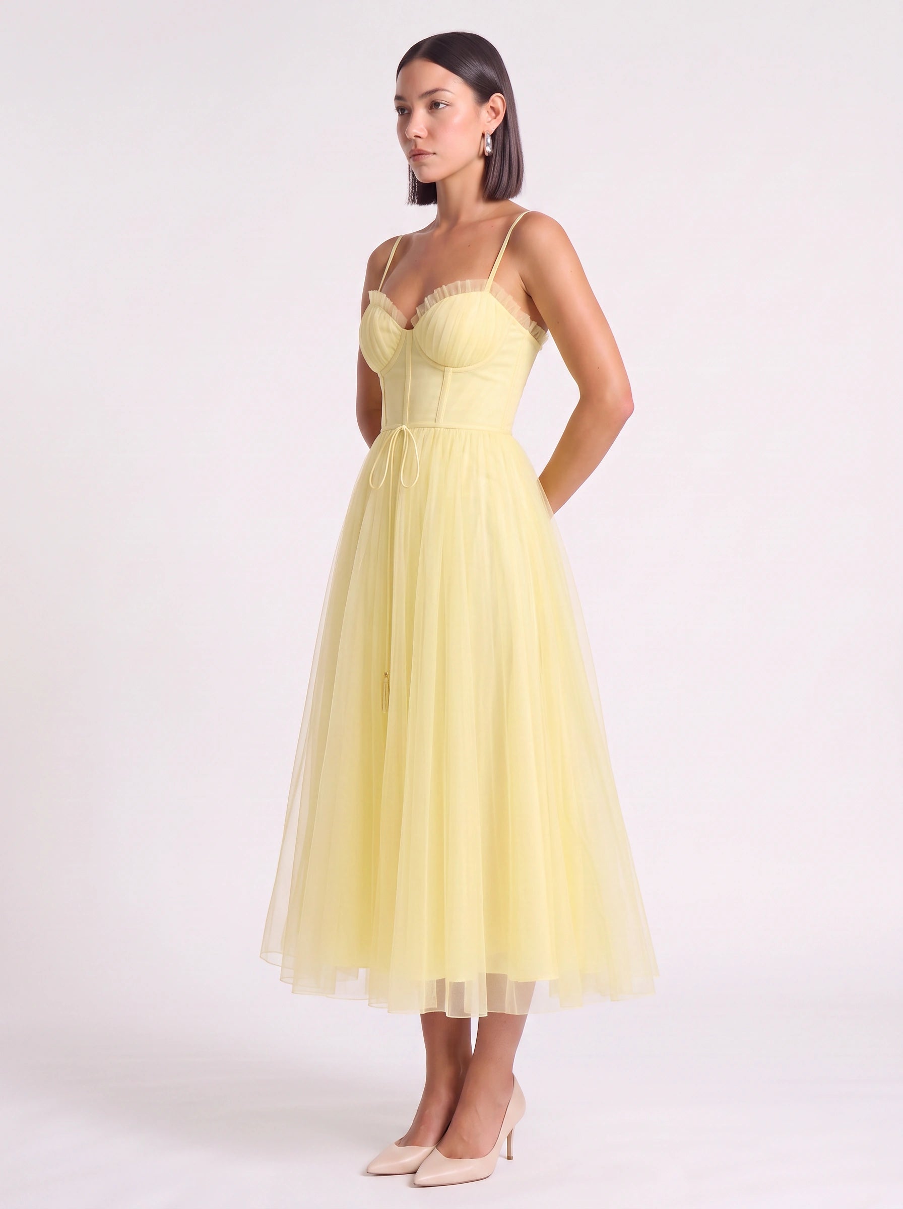 Tulliere Bustier Tulle Midi Dress – Corset Top Women Formal Wedding Guest Tie Waist Ballerina Midi Dress