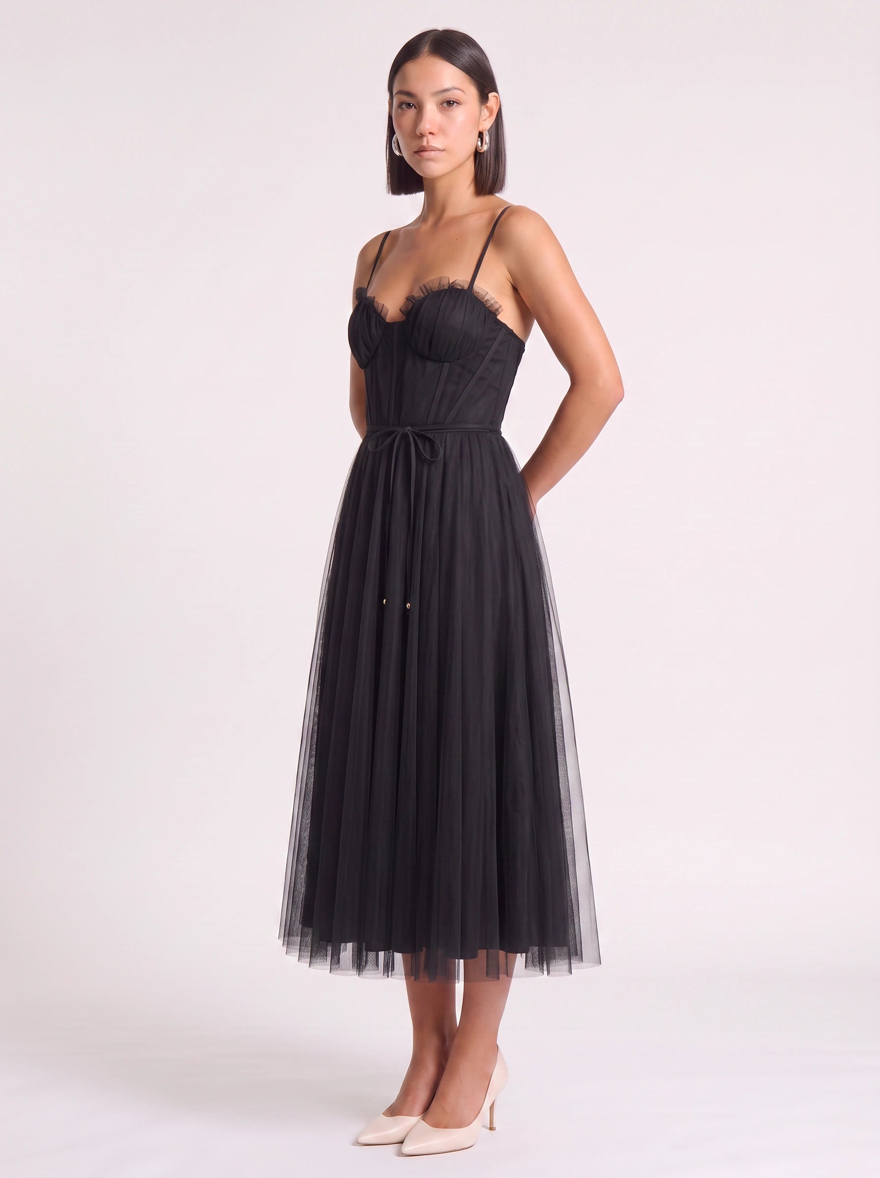 Tulliere Bustier Tulle Midi Dress – Corset Top Women Formal Wedding Guest Tie Waist Ballerina Midi Dress
