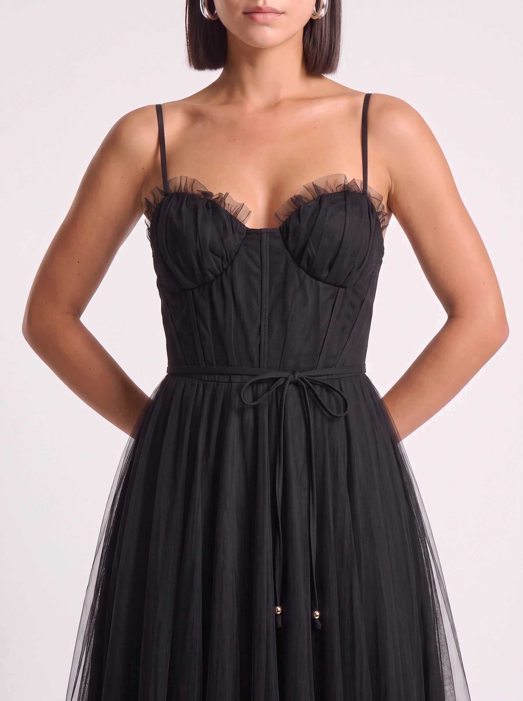 Tulliere Bustier Tulle Midi Dress – Corset Top Women Formal Wedding Guest Tie Waist Ballerina Midi Dress