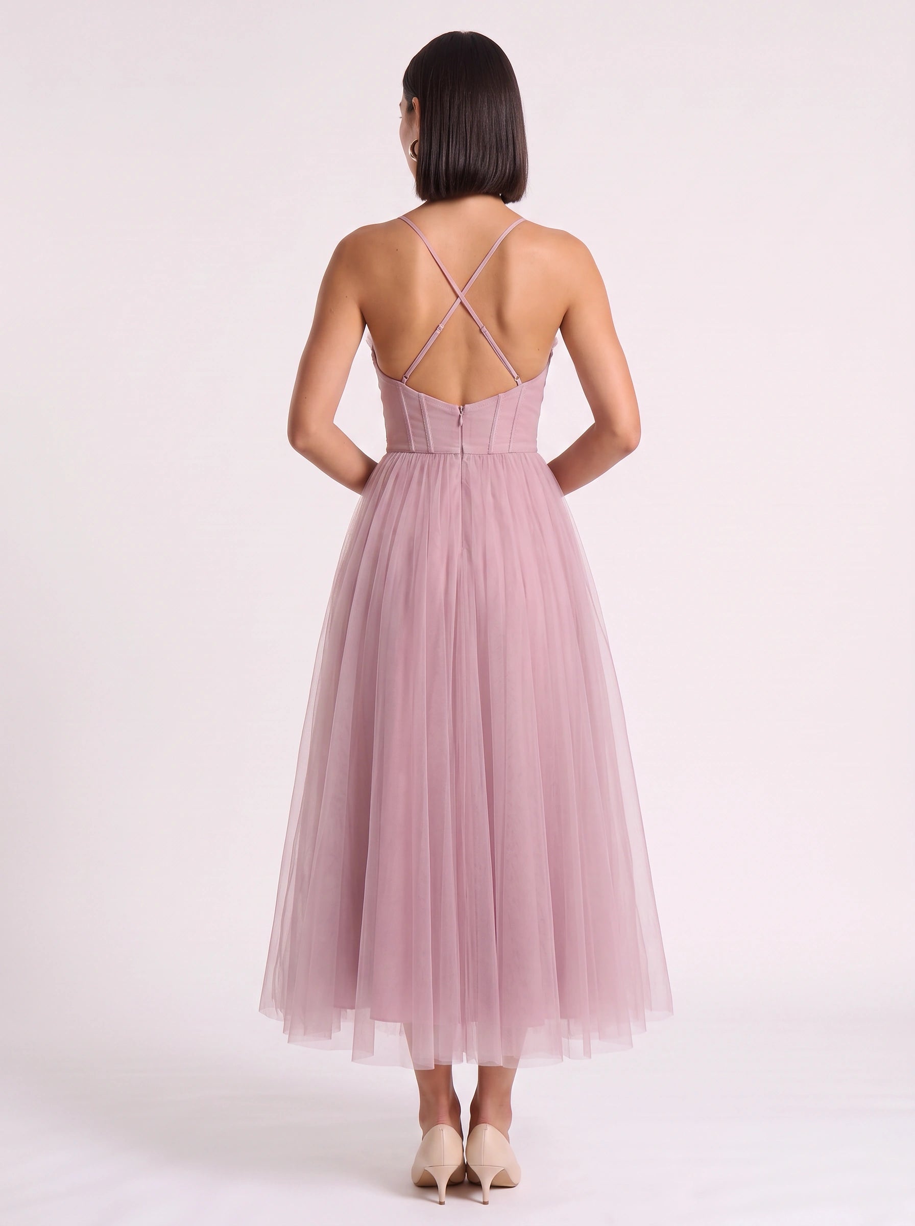 Tulliere Bustier Tulle Midi Dress – Corset Top Women Formal Wedding Guest Tie Waist Ballerina Midi Dress