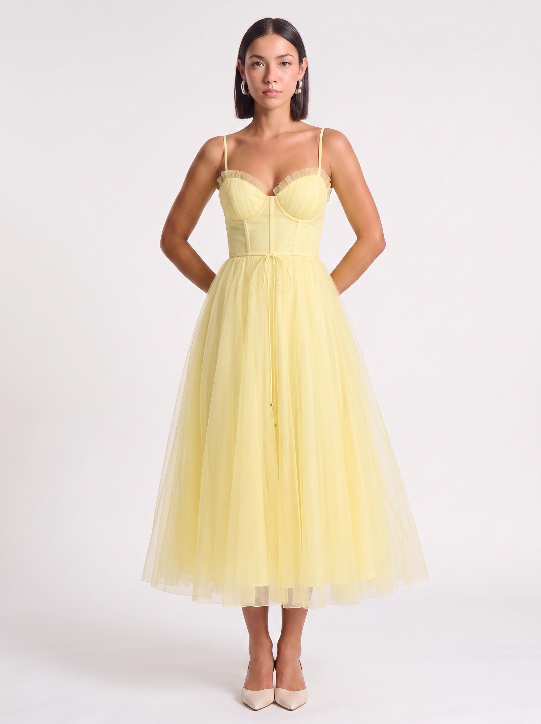 Tulliere Bustier Tulle Midi Dress – Corset Top Women Formal Wedding Guest Tie Waist Ballerina Midi Dress