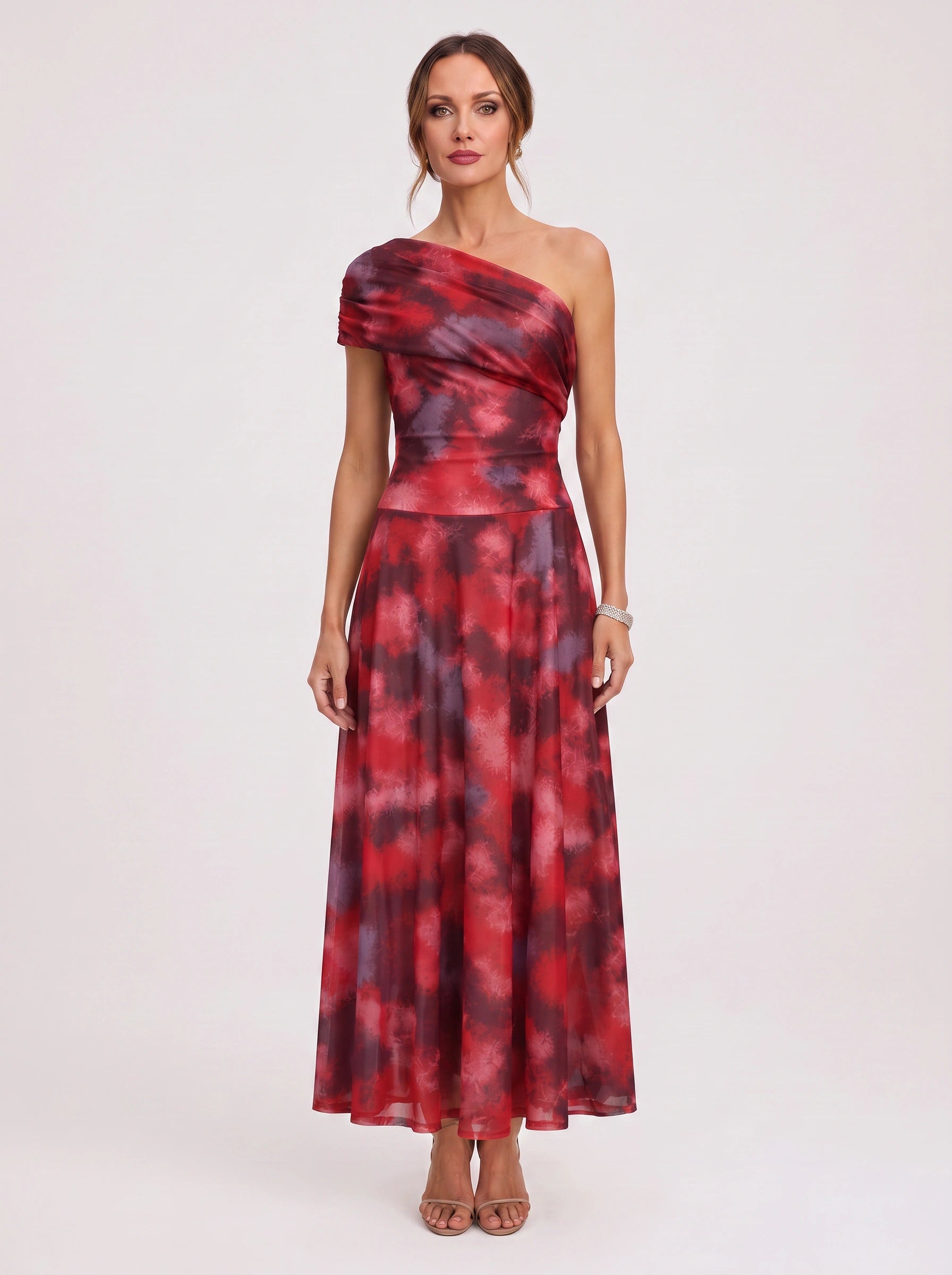 Cromella One-Shoulder Maxi Dress – Abstract Print Women Formal Cocktail Evening Wedding Guest Maxi Dress