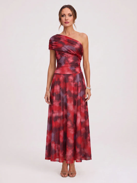 Cromella One-Shoulder Maxi Dress – Abstract Print Women Formal Cocktail Evening Wedding Guest Maxi Dress