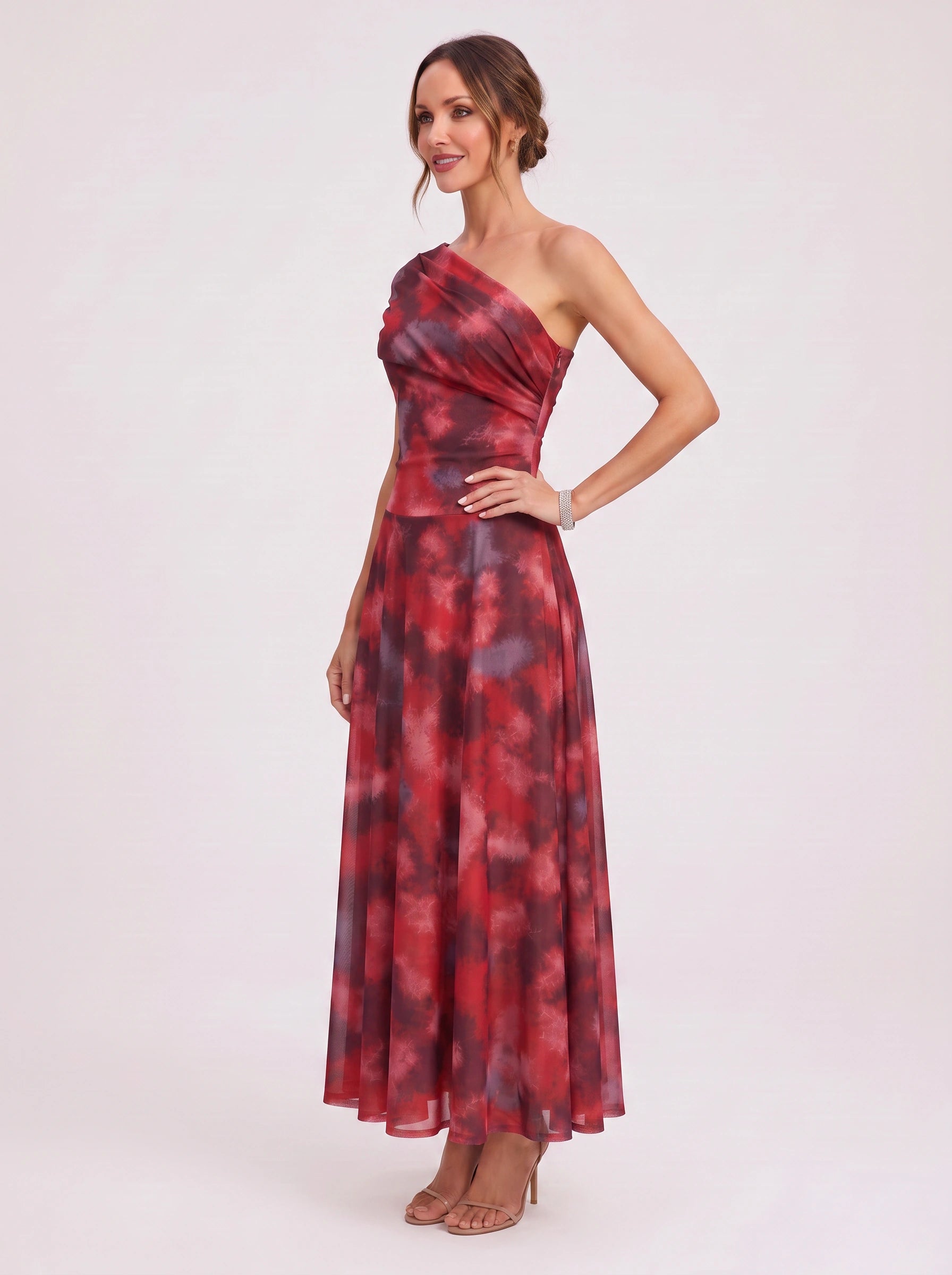 Cromella One-Shoulder Maxi Dress – Abstract Print Women Formal Cocktail Evening Wedding Guest Maxi Dress