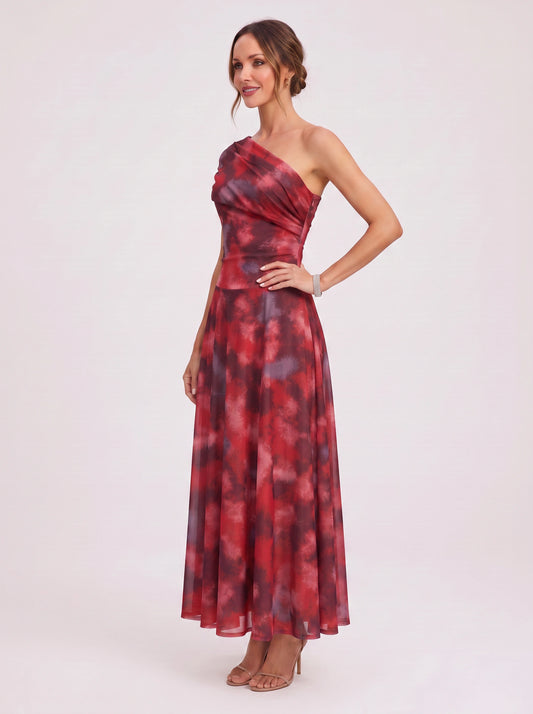 Cromella One-Shoulder Maxi Dress – Abstract Print Women Formal Cocktail Evening Wedding Guest Maxi Dress
