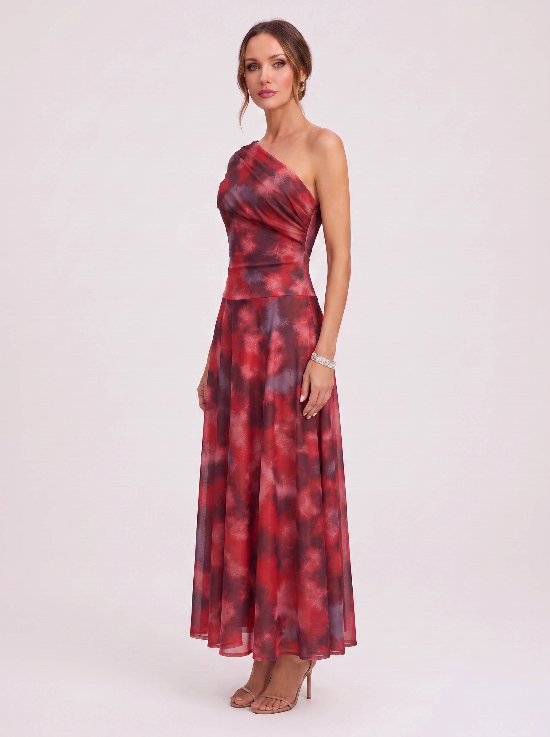Cromella One-Shoulder Maxi Dress – Abstract Print Women Formal Cocktail Evening Wedding Guest Maxi Dress