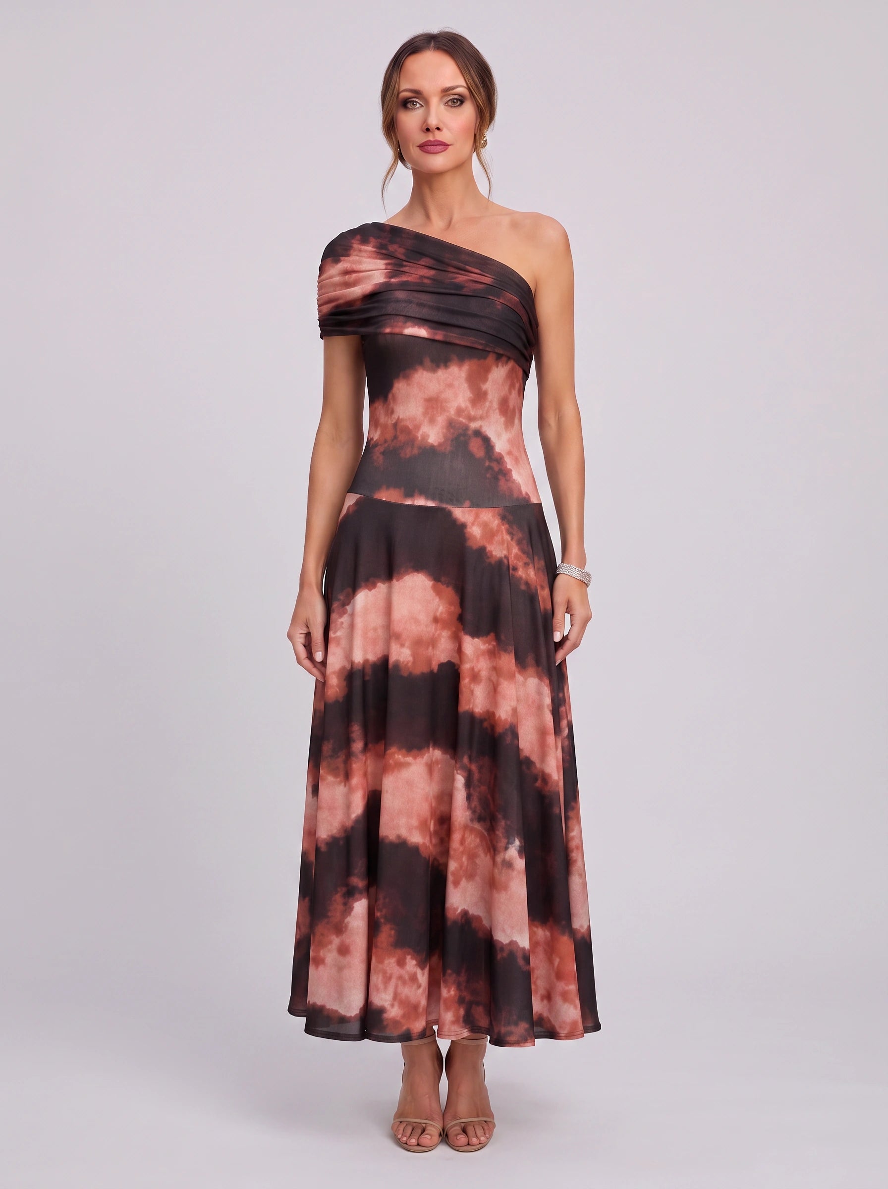 Cromella One-Shoulder Maxi Dress – Abstract Print Women Formal Cocktail Evening Wedding Guest Maxi Dress