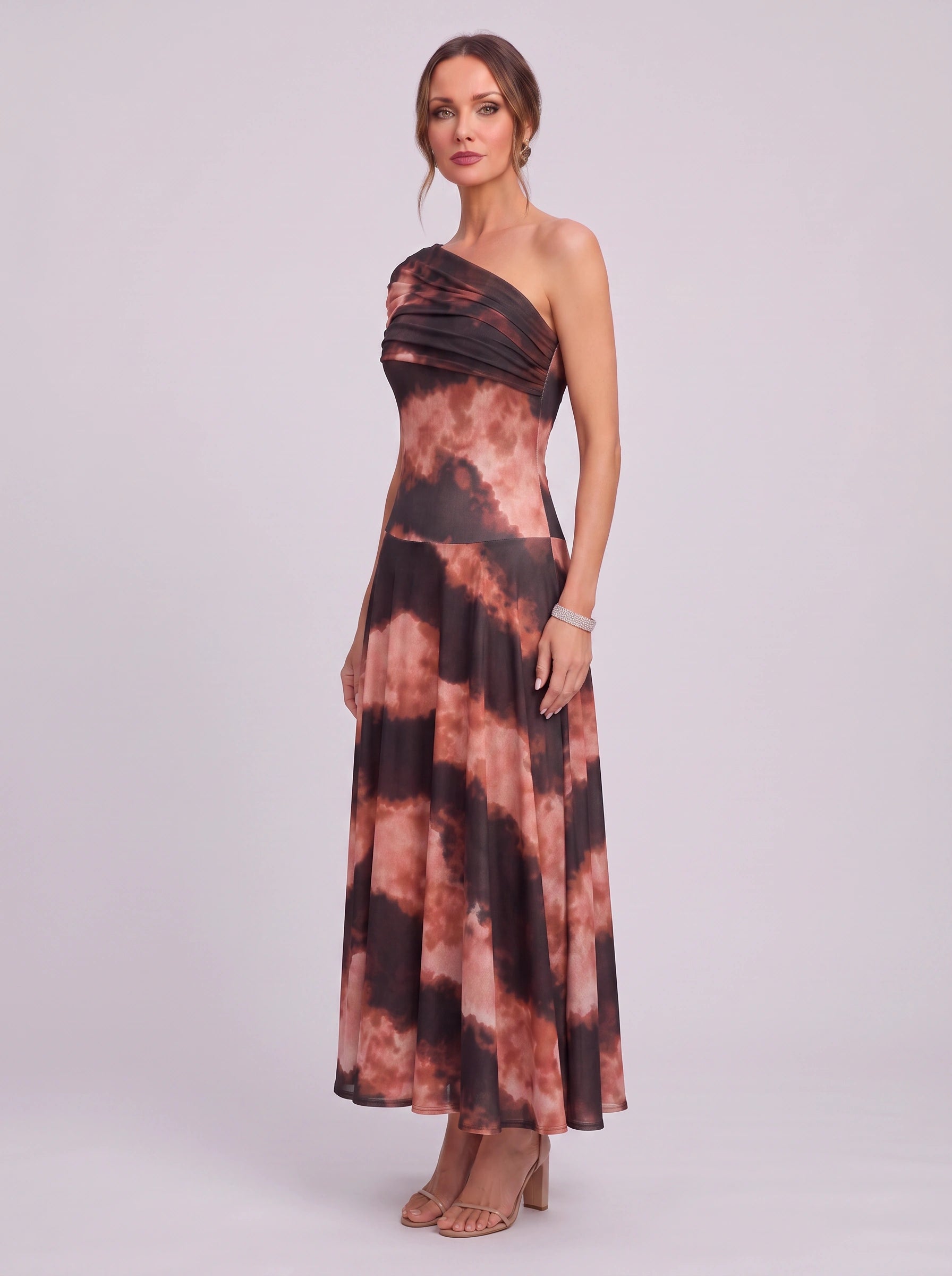 Cromella One-Shoulder Maxi Dress – Abstract Print Women Formal Cocktail Evening Wedding Guest Maxi Dress