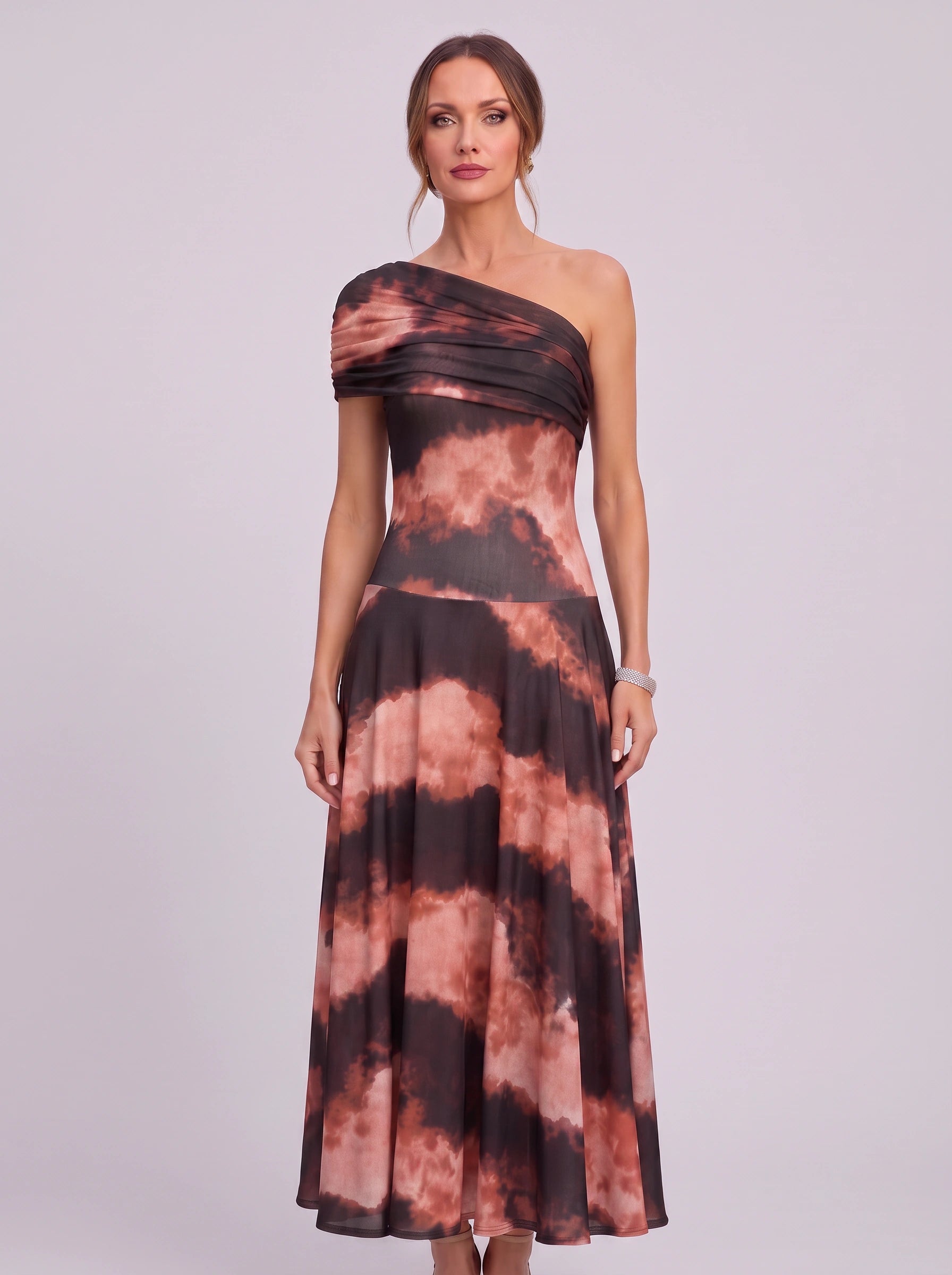 Cromella One-Shoulder Maxi Dress – Abstract Print Women Formal Cocktail Evening Wedding Guest Maxi Dress